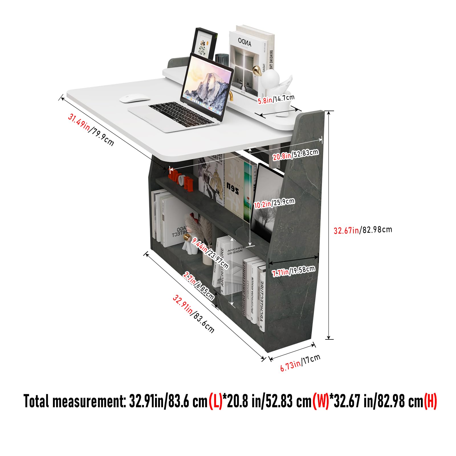Pmnianhua 31'' Wall Mounted Folding Desk - Space Saving Drop-Leaf Table with Storage Shelf | Foldable Laptop Desk for Small Spaces | Perfect for Bedroom, Living Room & Home Office (Grey White)