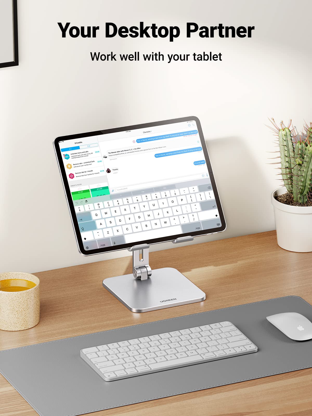 UGREEN Adjustable Aluminum Tablet Stand Holder for iPad Pro/Air/Mini 10.2-12.9 Inch, Thick Base Desk Stand with Non-Slip Design - Perfect for Home Office, Study, Watching Videos & Video Calls (Silver)