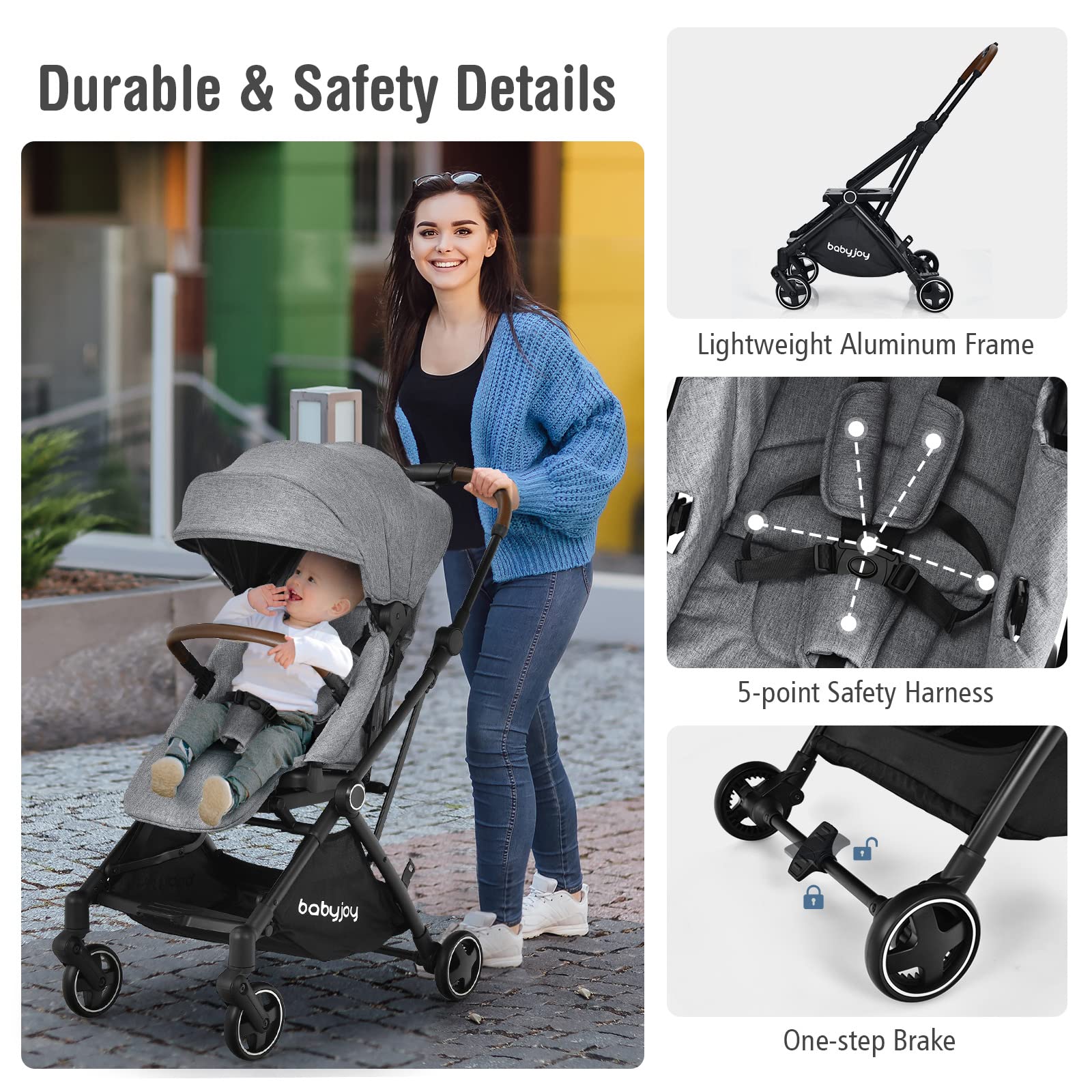 Baby Joy Foldable Lightweight Stroller for Newborns & Infants - Reversible Seat, Adjustable Canopy, 5-Point Safety Harness, Shock-Absorbing Wheels & Storage Basket (Gray) - Perfect for Park Walks, Shopping & Travel