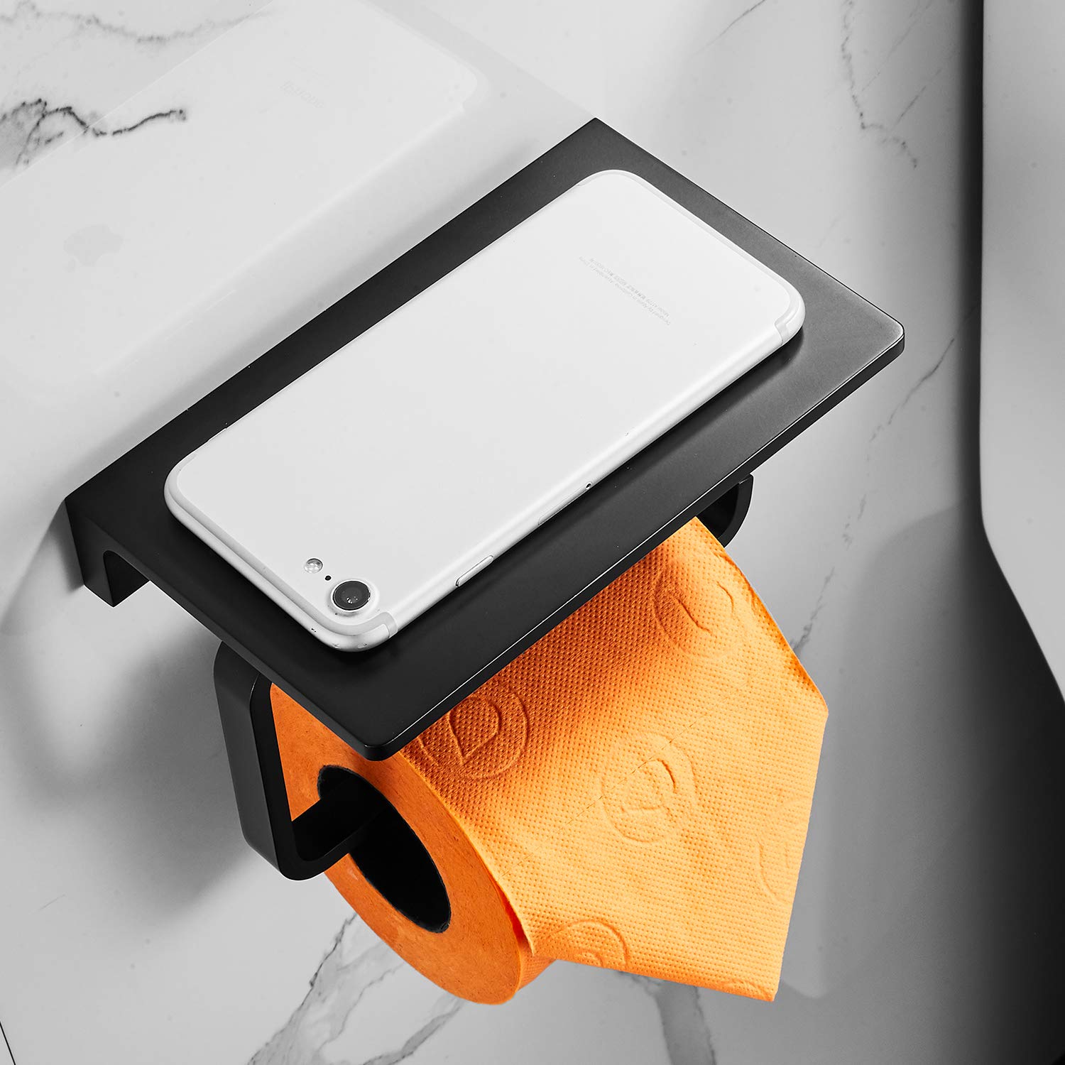Premium Matte Black Toilet Paper Holder - Solid Brass Bathroom Tissue Roll Holder with Phone Storage | Hotel Style Design for Modern Bathrooms, Powder Rooms & Guest Baths