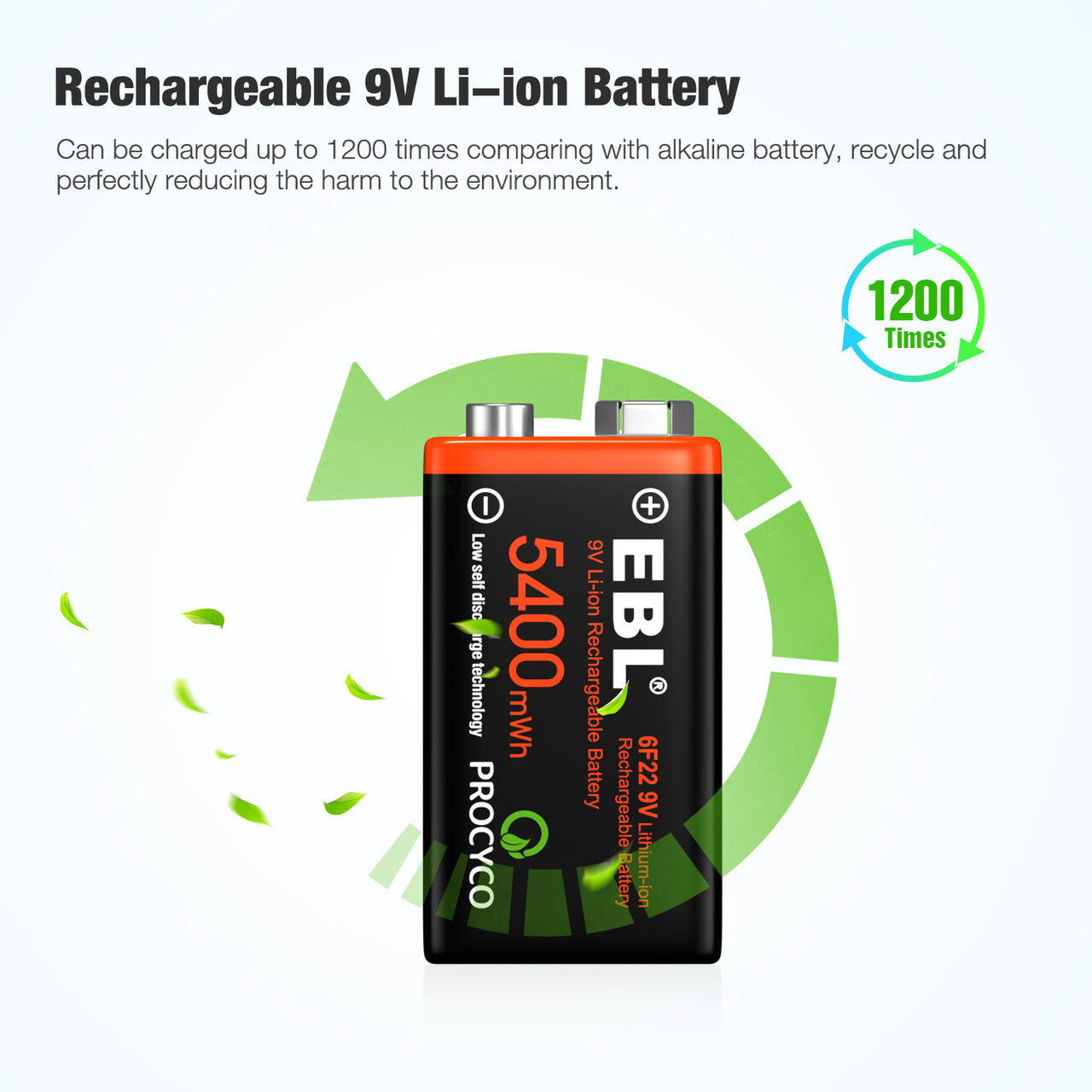 EBL USB Rechargeable 9V Lithium Ion Battery 5400mWh - Long Lasting Power for Guitar Pedals, Smoke Detectors & Electronic Devices