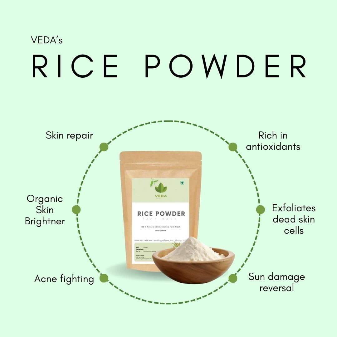 VEDA ORGANICS Rice Powder - 200g | Natural Rice Face Mask for Bright, Glowing Skin | Reduces Dark Spots, Tan & Acne | Perfect for Daily Skincare & Spa Treatments