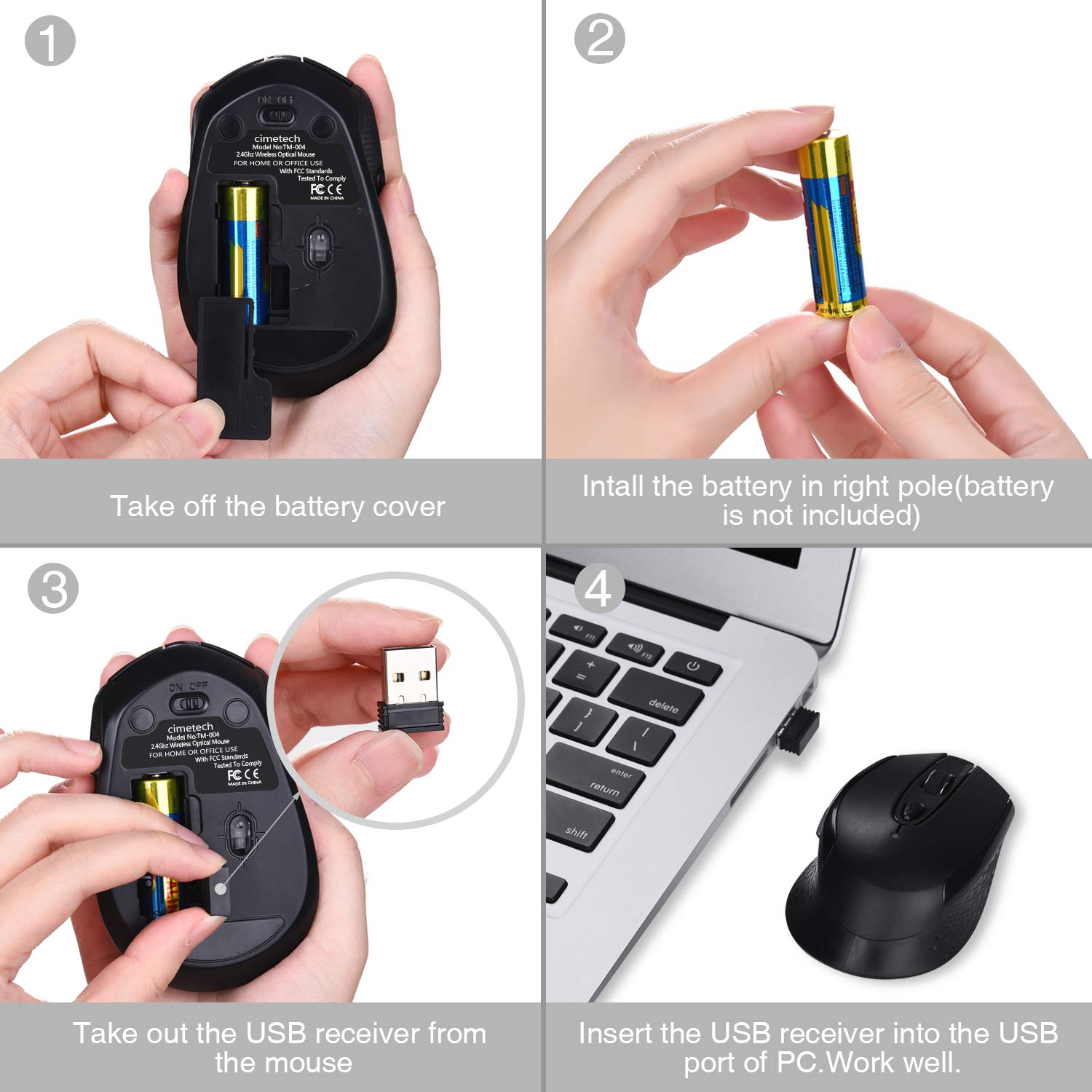 Cimetech Wireless Mouse - 2.4G Ergonomic Optical Mouse with 6 Buttons, Silent Click & 3 Adjustable DPI, USB Receiver for Laptop, Desktop, Mac, PC - Black | Perfect for Office, Gaming & Home Use