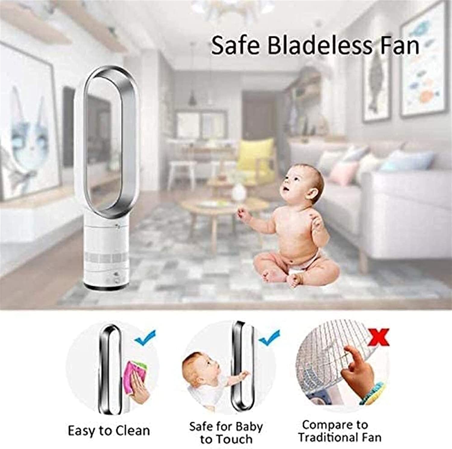Bladeless Floor Fan - Quiet Tower Air Circulator, Vertical Stand & Desk Fan for Home & Office - Perfect for Bedroom, Living Room & Workspace Cooling