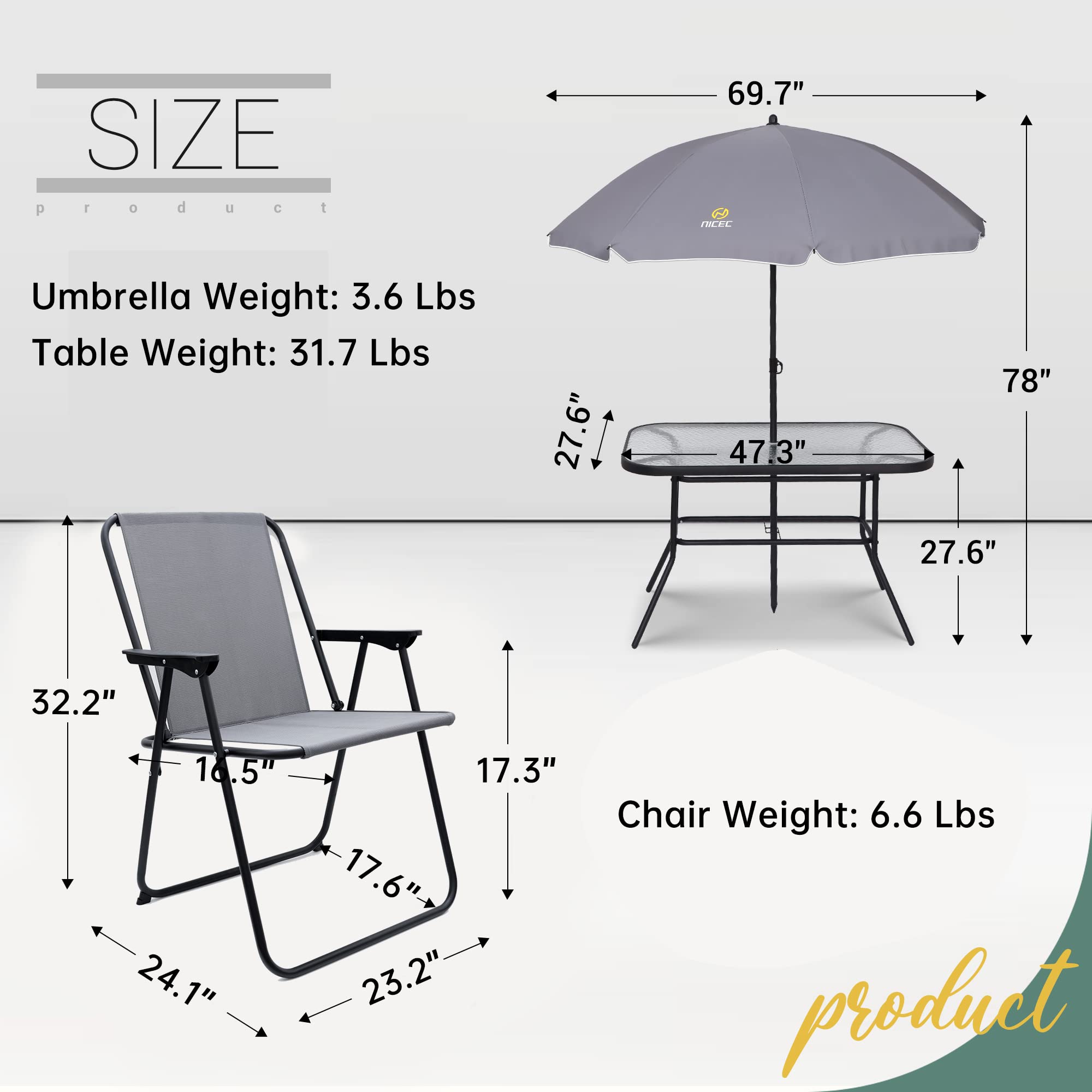 Premium 8-Piece Outdoor Dining Set with Umbrella - Patio Furniture Set with Glass Table & 6 Folding Chairs (Grey) - Perfect for Garden, Backyard, Poolside & Outdoor Entertaining