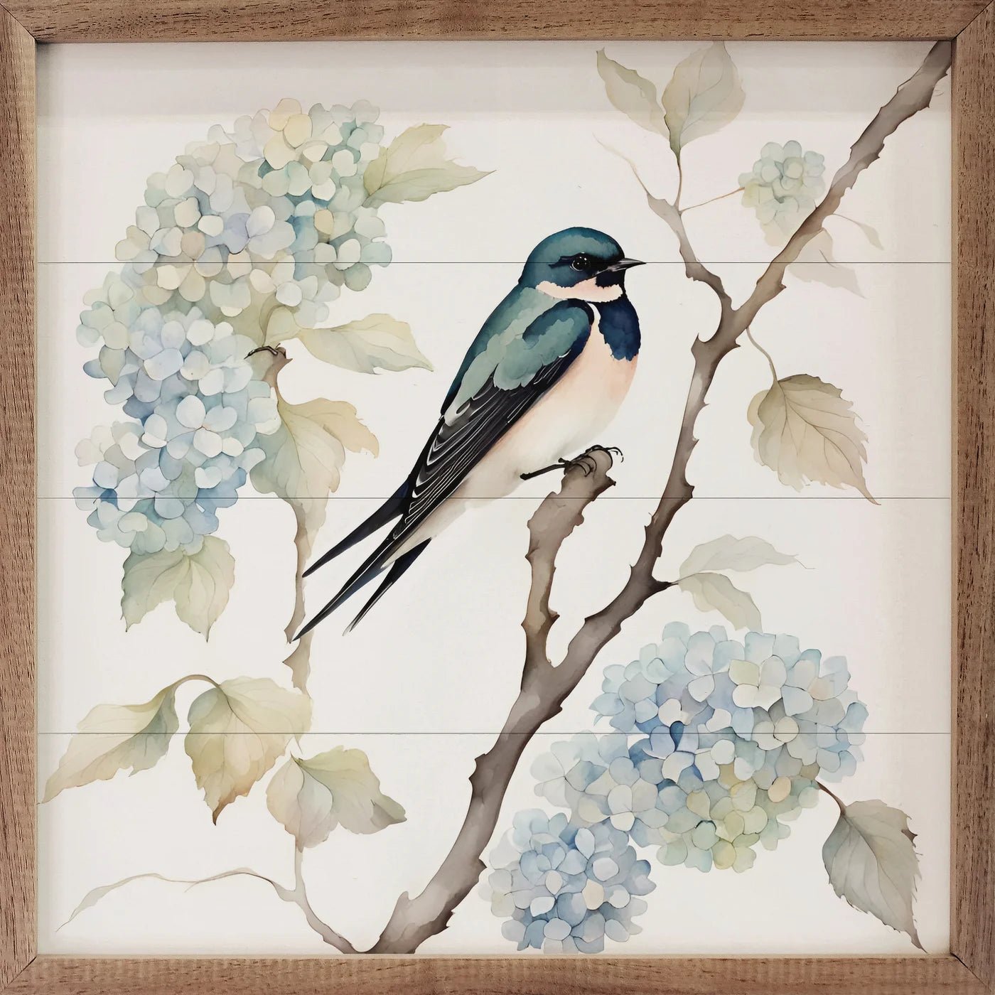 Barn Swallow on Hydrangea Bush - Wood Framed Wall Art Print - Nature Home Decor for Living Room, Bedroom & Office