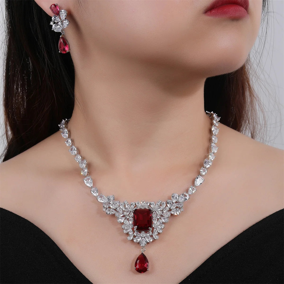 Elegant CZ Flower Pendant Necklace & Earrings Set - Cubic Zirconia Bridal Jewelry for Women - Perfect Wedding Gift (CN11099) - Ideal for Bridal Showers, Weddings, Anniversaries and Special Occasions