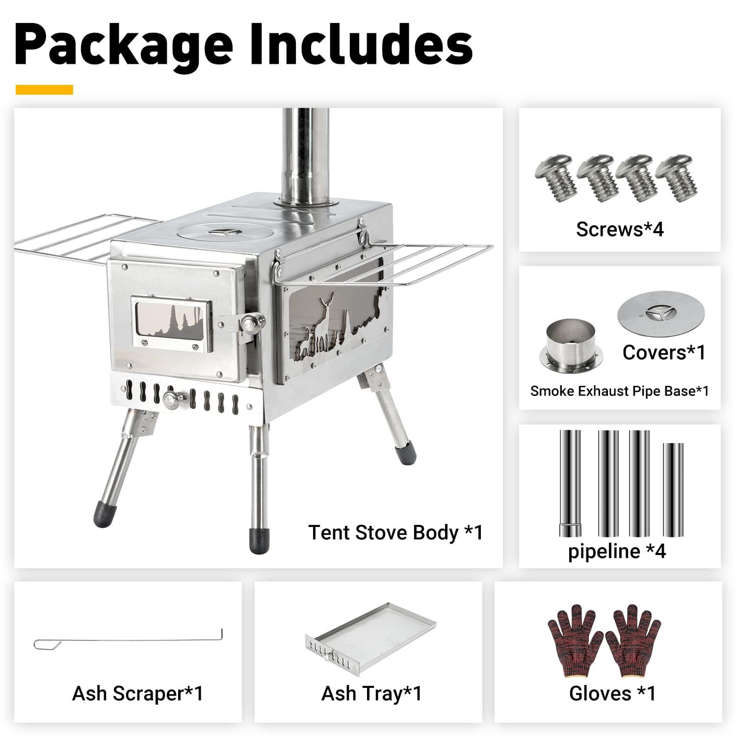 Portable Wood Burning Camping Stove with Chimney Pipe - Outdoor Tent Heater & Cooking Stove for Backpacking, Survival, Emergency Preparedness & Off-Grid Living