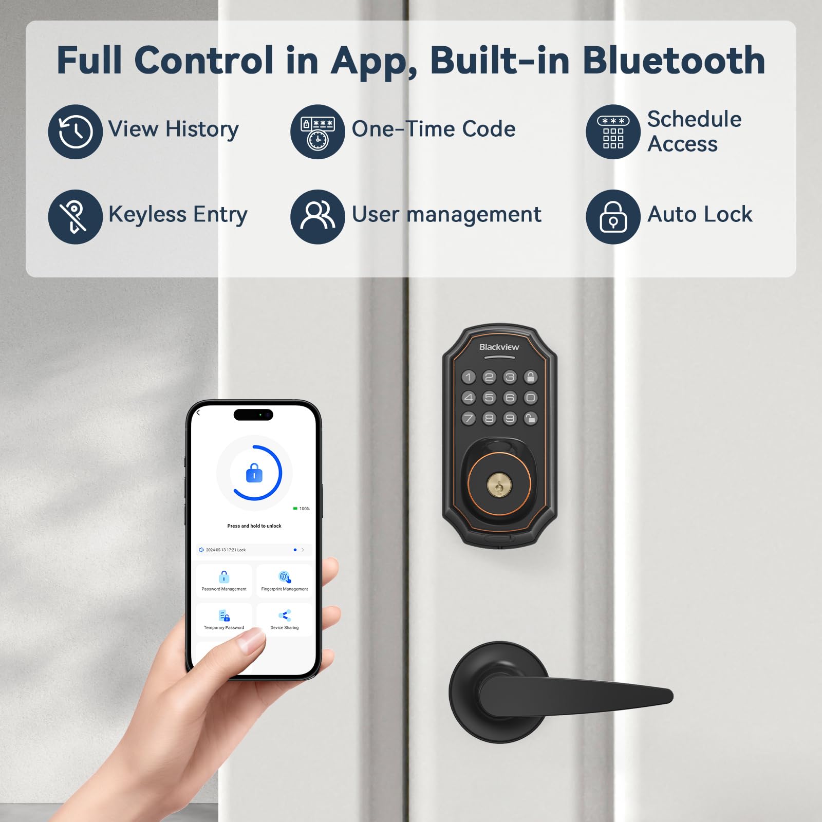 Smart Keyless Entry Door Lock - Fingerprint & Bluetooth Deadbolt with Lever Handle, App Control, Auto Lock & One-Time Code - Zinc Alloy Front Door Security for Homes & Apartments | Ideal for Modern Smart Homes & Vacation Rentals