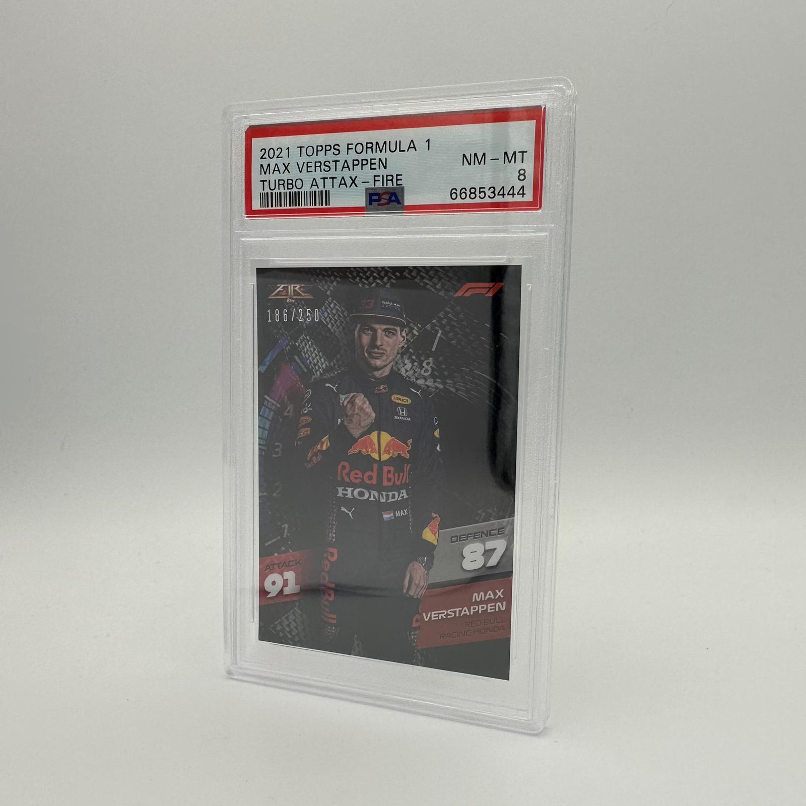 PSA 8 Graded 186/250 Max Verstappen Fire Racing Card - Rare Collectible for F1 Fans & Sports Memorabilia Enthusiasts | Perfect for Display, Trading, and Investment