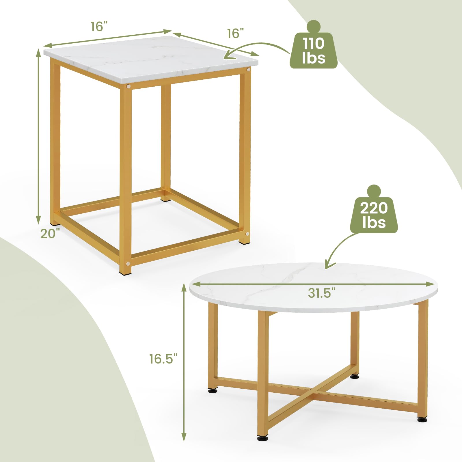 COSTWAY 3-Piece Coffee Table Set - Round Faux Marble Coffee Table & 2 Square End Tables with Sturdy Metal Frame, Modern Living Room Furniture for Small Spaces & Apartments (White & Gold) | Perfect for Compact Living Rooms, Studio Apartments & Cozy Home Decor