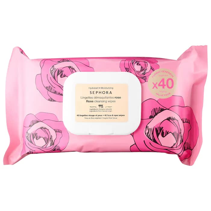 SEPHORA COLLECTION Clean Cleansing & Gentle Exfoliating Wipes with Rose Extract - Soothing Facial Wipes for Makeup Removal & Skin Refreshment - Perfect for Travel, Gym & Daily Skincare Routine