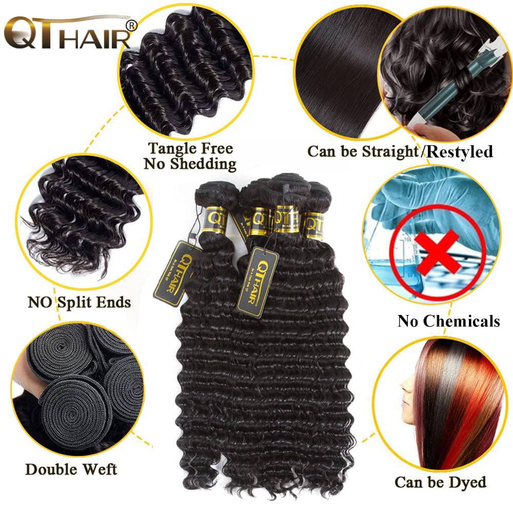 QTHAIR 14A 4 Bundles 100% Unprocessed Brazilian Virgin Human Hair Deep Wave Weave - 16, 18, 20, 22 Inch Natural Black Hair Extensions for Women - Perfect for Protective Styles, Wig Making & Everyday Glam