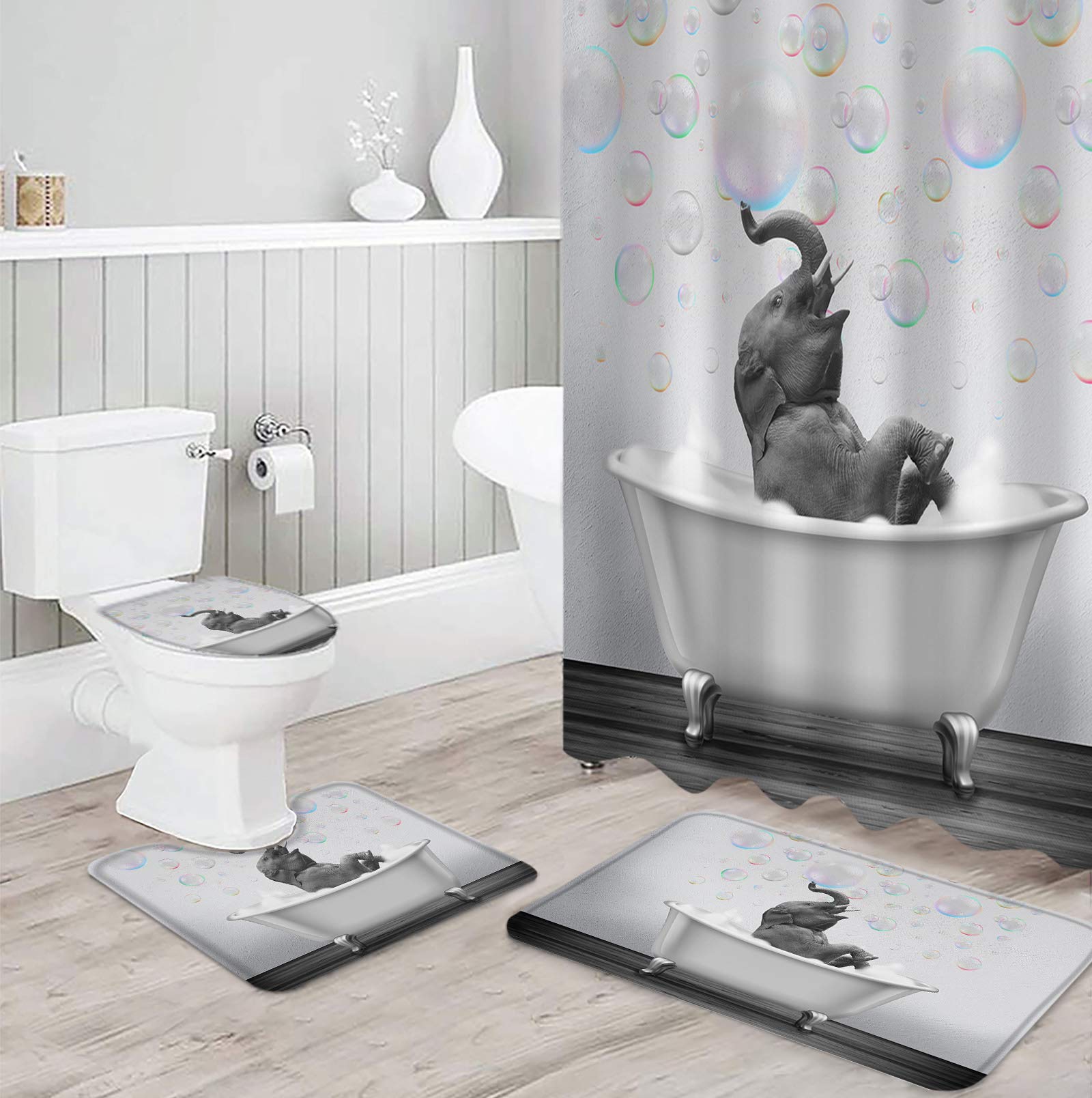 4-Piece Bathroom Shower Curtain Set with Non-Slip Rugs, Toilet Lid Cover & Bath Mat - Waterproof Elephant Blowing Bubbles Design (36