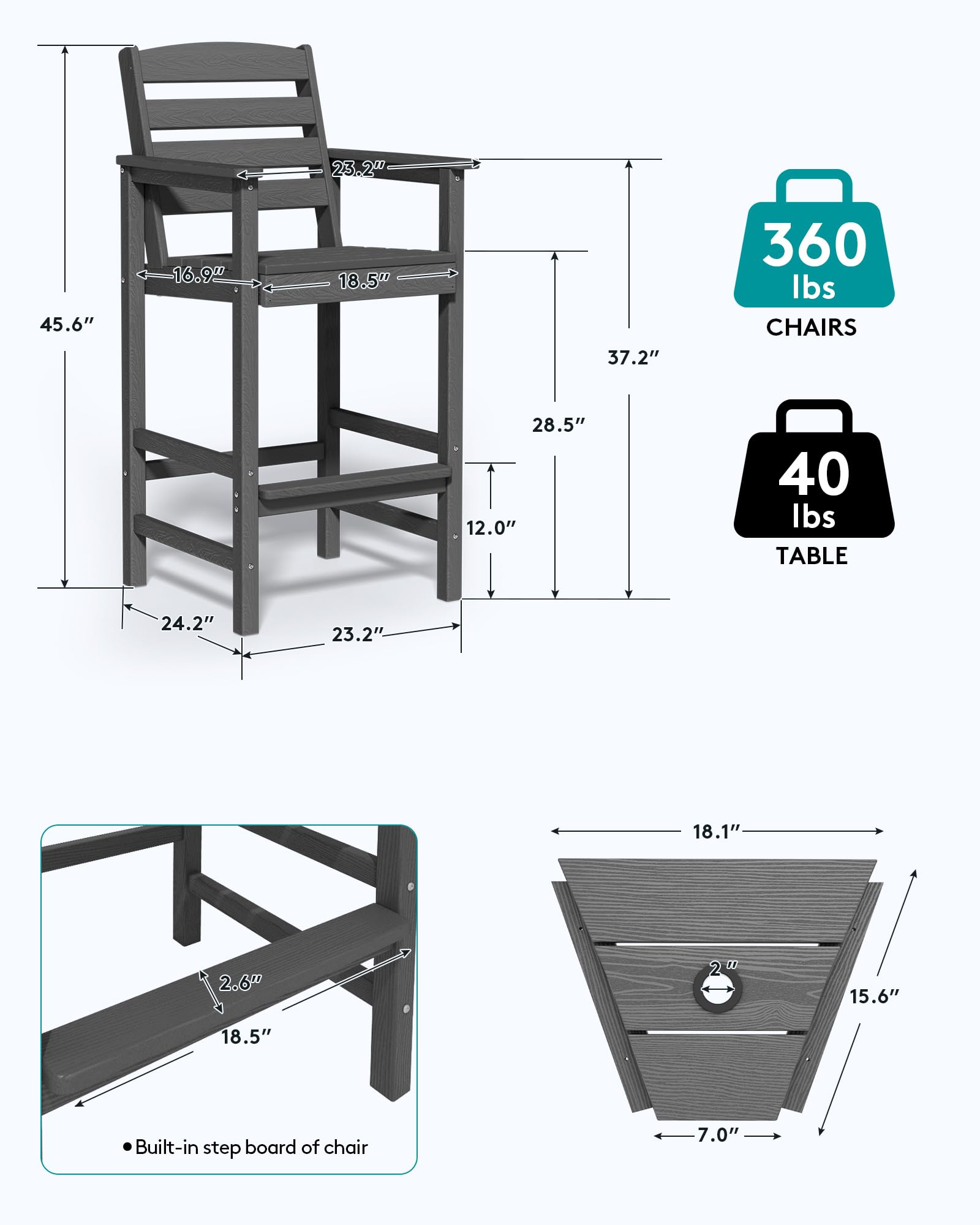 Premium SERWALL Tall Adirondack Chairs Set of 2 with Connecting Table - Outdoor Patio Furniture in Elegant Grey for Backyard, Garden, and Poolside Relaxation