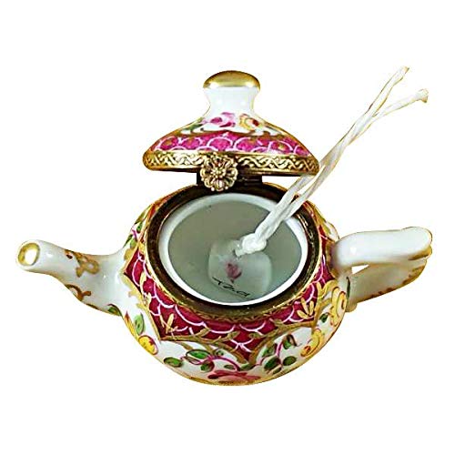 Authentic Limoges Porcelain Box - Teapot with Floral & Maroon Scales Design | French Handcrafted Collectible Figurine | Perfect for Home Decor, Gift Giving & Tea Lovers