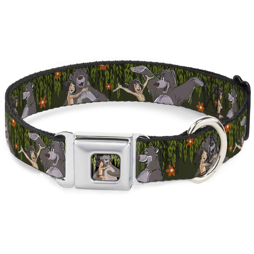 Dog Collar with Seatbelt Buckle - Mowgli & Baloo 3 Poses, Leaf & Flower Design, 1.0 Inch Wide (11-17 Inches) - Perfect for Car Safety & Outdoor Adventures with Your Pet