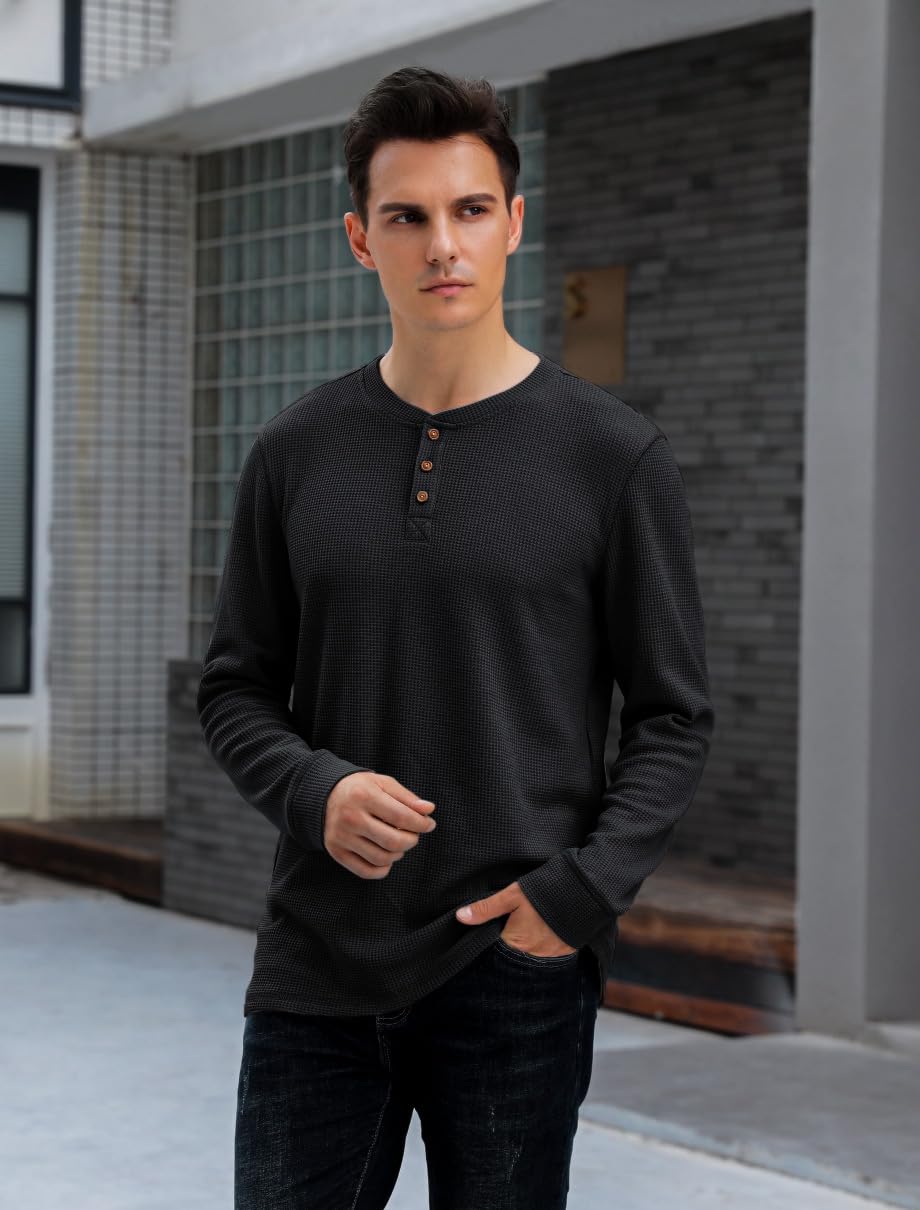 Men's Waffle Long Sleeve Henley Shirt - Soft Thermal Knit Top for Casual Wear & Layering | Perfect for Fall & Winter Outfits