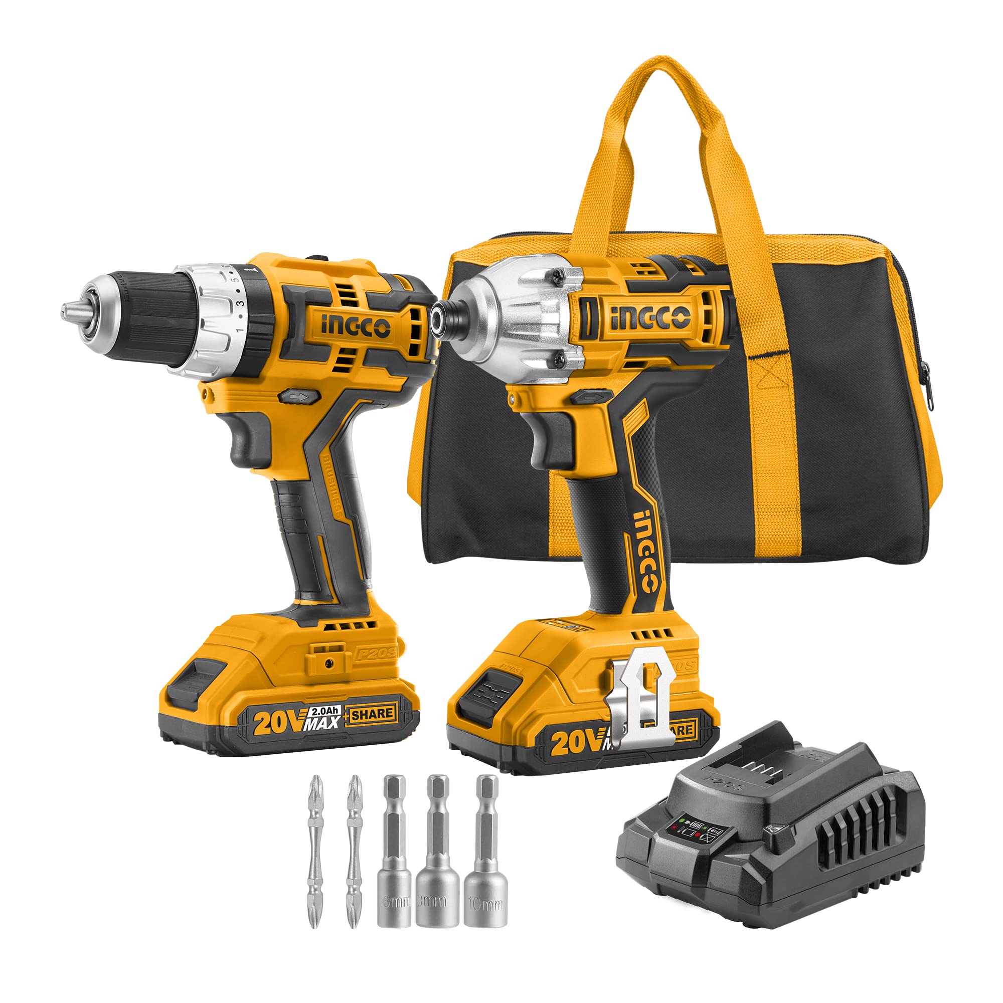 INGCO 20V Cordless Drill Combo Kit - Brushless Electric Drill Driver with 2 Batteries & Fast Charger, CIRLI2002A-PACK - Perfect for DIY Projects, Home Repairs, and Professional Construction Work