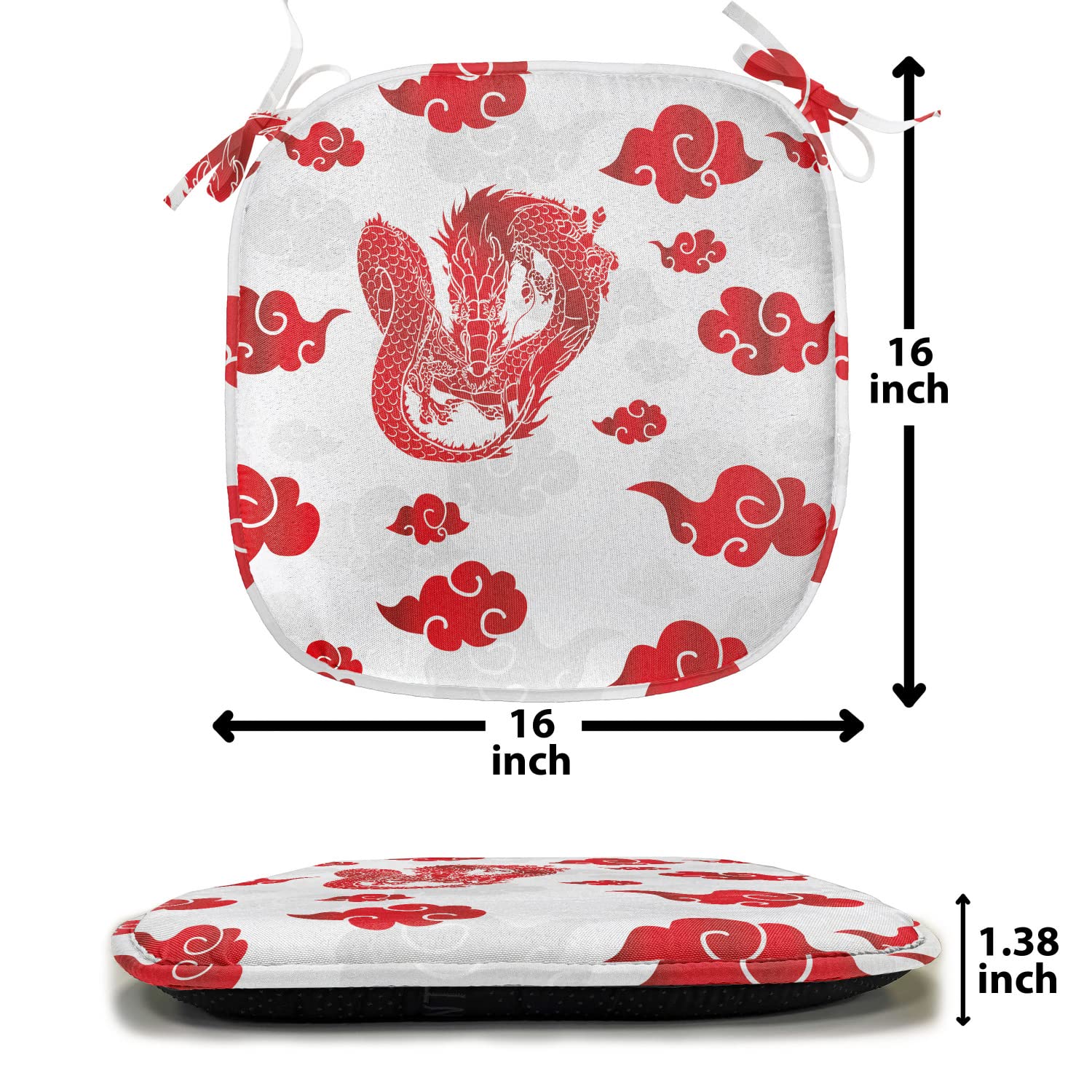 Lunarable Dragon Chair Cushion Set of 6 - Blood Red Flying Dragon with Red Clouds Mythological Design - Non-Slip Seat Pads for Kitchen, Dining, Patio & Outdoor Furniture - 16x16 Inches Red & White - Perfect for Home Decor, Asian-Themed Rooms & Fantasy Lovers