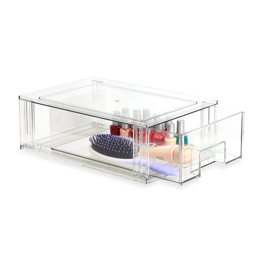 Isaac Jacobs Stackable Organizer Drawer Set - 1 Medium & 1 Large Clear Plastic Storage Bins | BPA-Free Pull-Out Drawers for Home, Office, Closet & Kitchen Organization | Perfect for Shoes, Toys, Pantry Items & Fridge/Freezer Storage