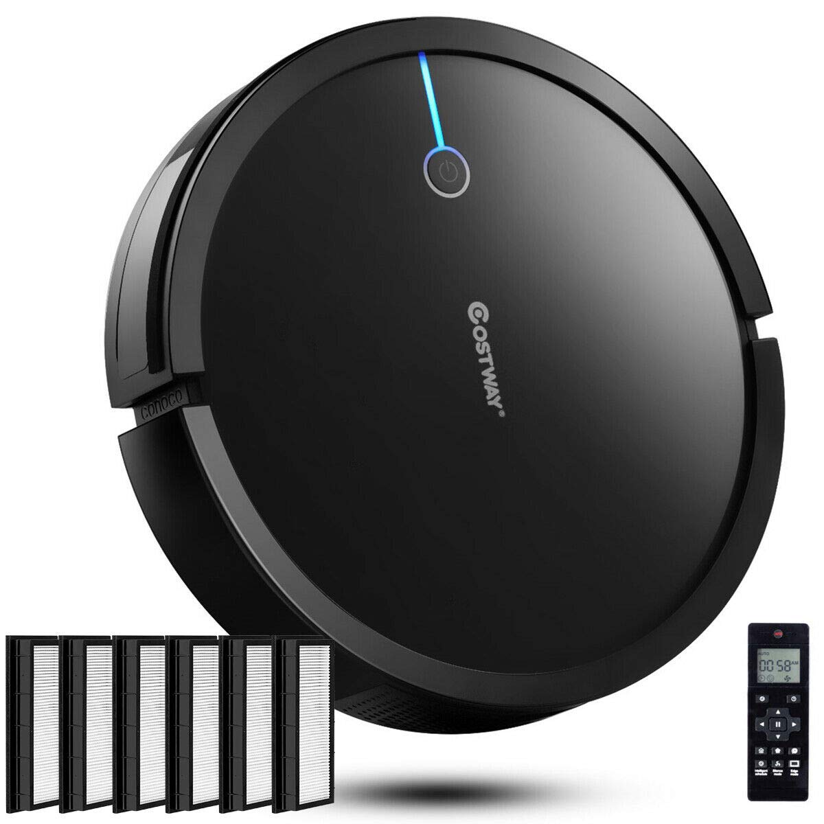 COSTWAY Self-Charging Robot Vacuum Cleaner with 7 Replacement Parts - Powerful Smart Cleaning for Hardwood Floors & Carpets | Ideal for Pet Hair, Dust in Living Rooms & Bedrooms (Black)