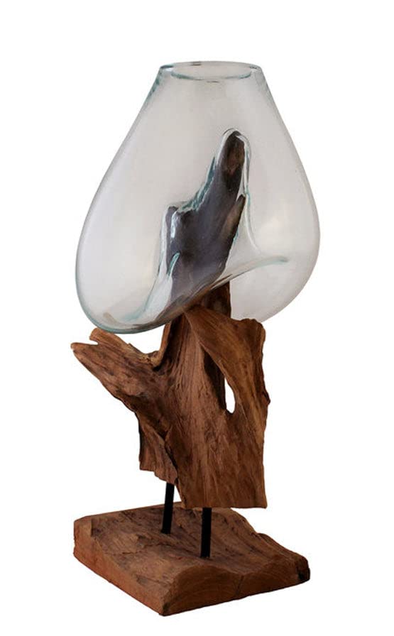 OMA Hand Blown Molten Glass & Teak Wood Vase Sculpture - Modern Terrarium Plant Stand with Recycled Glass & Solid Wood - Large Home Decor for Living Room, Office & Wedding Centerpiece