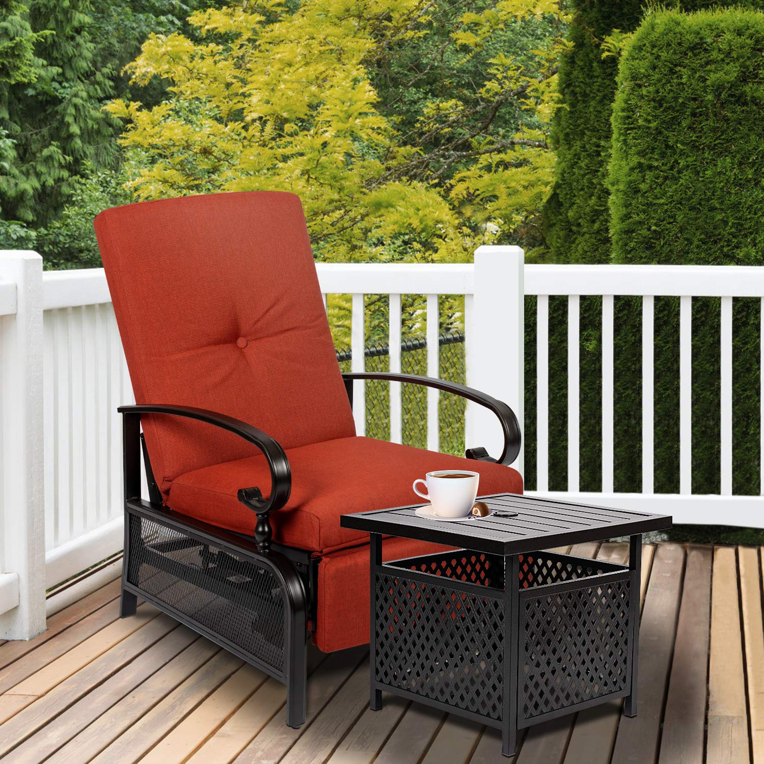 **Adjustable Outdoor Lounge Chair with Recliner & Side Table Set - Patio Chaise with Red Cushion & Umbrella for Poolside, Garden, or Backyard Relaxation**