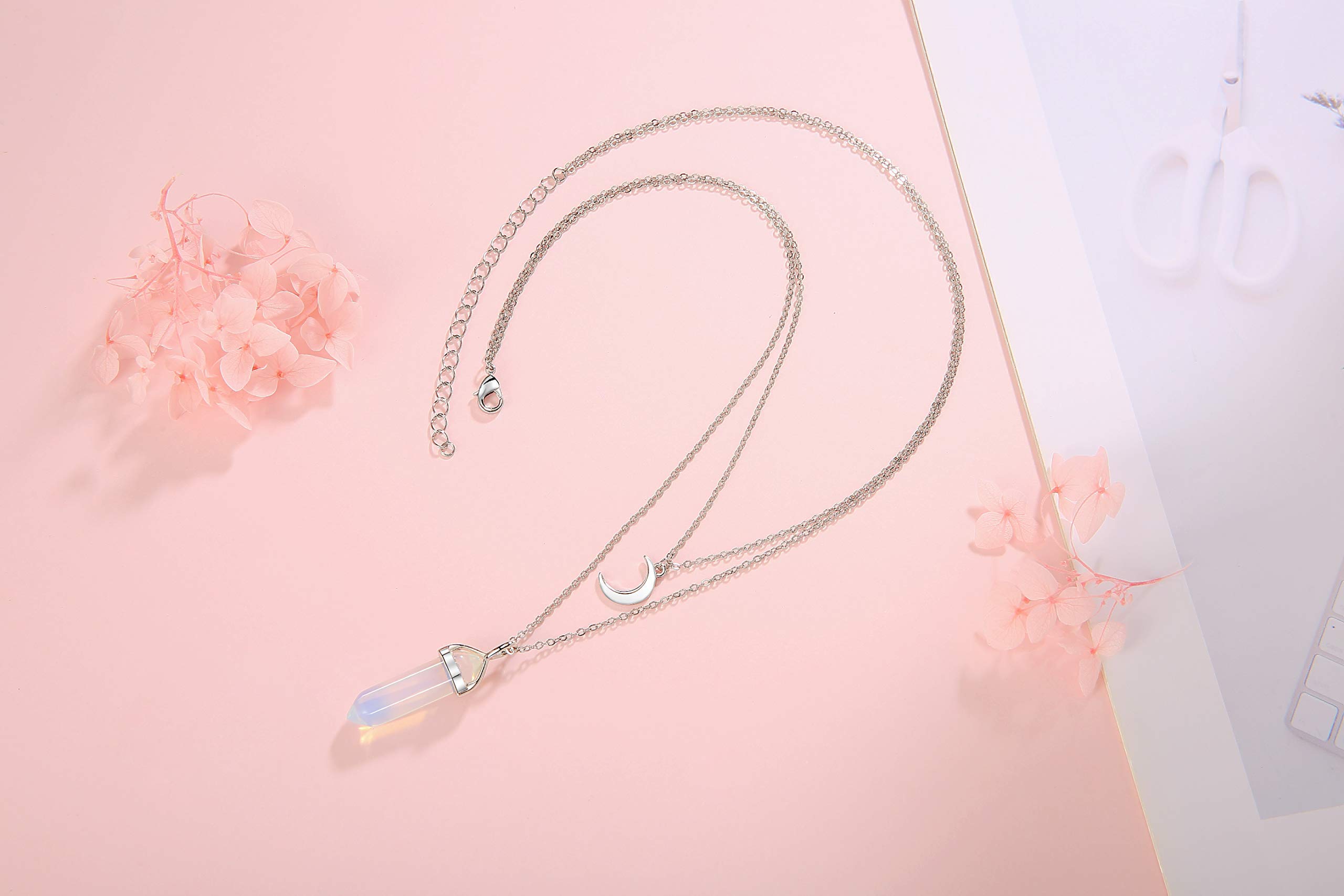 Layered Crescent Moon Necklace with Healing Crystal Stone Point Pendant - Reiki Witch Gemstone Dainty Jewelry for Women | Spiritual Healing, Meditation & Boho Fashion Accessory