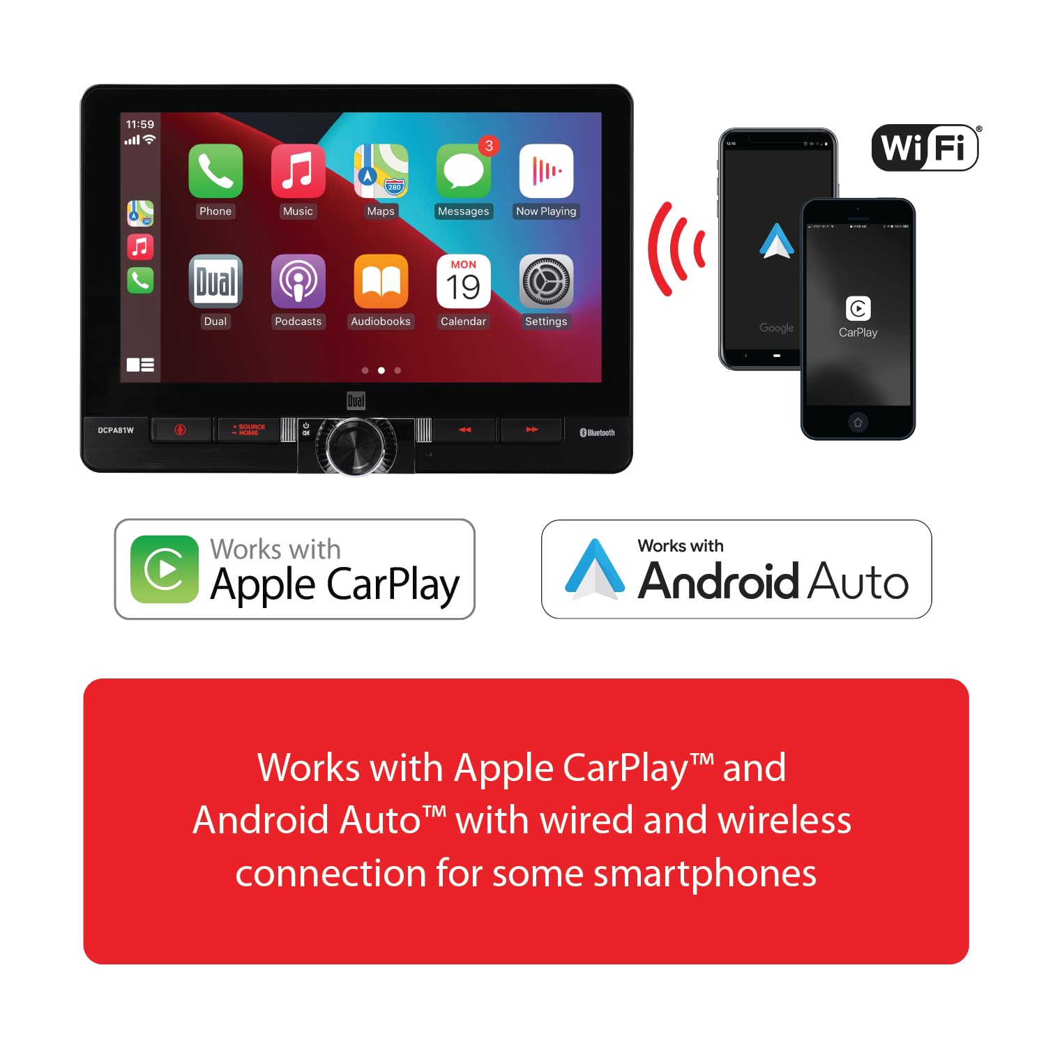 Dual Electronics DCPA81W 8-inch Apple CarPlay & Android Auto Touchscreen Car Stereo - Wireless/Wired Bluetooth Receiver with Front & Rear Camera | USB Playback & Charging | Single/Double DIN Compatible | Perfect for Commuting, Road Trips & Hands-Free Driving