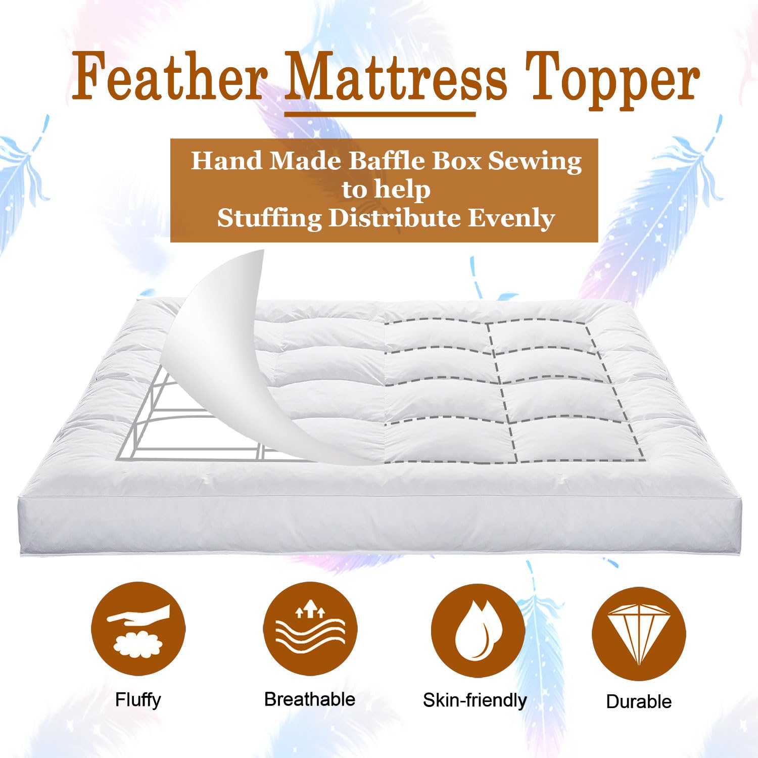 Premium 5 Inch Duck Feather Bed Mattress Topper Full Size - 100% Cotton, 2500GSM Overfilled Pillow Top - Hotel Collection Luxury Bedding - 54x75 Inches Bright White - Perfect for Guest Rooms, Master Bedrooms & Luxury Hotels