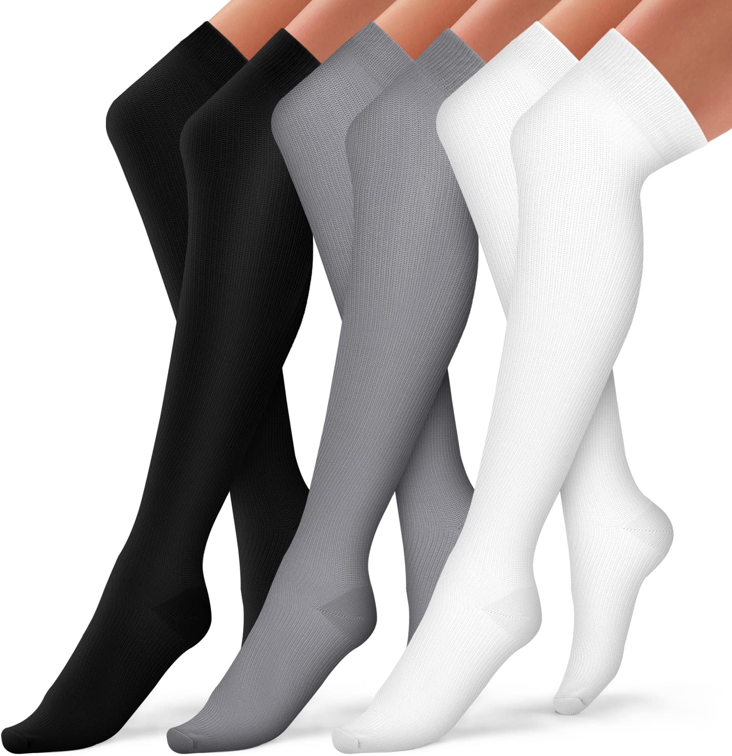 Bluemaple Thigh High Compression Socks for Women & Men - 3 Pairs - Knee High Support Socks for Improved Circulation, Running, Travel & Work - Best for Nurses, Athletes & Long Flights