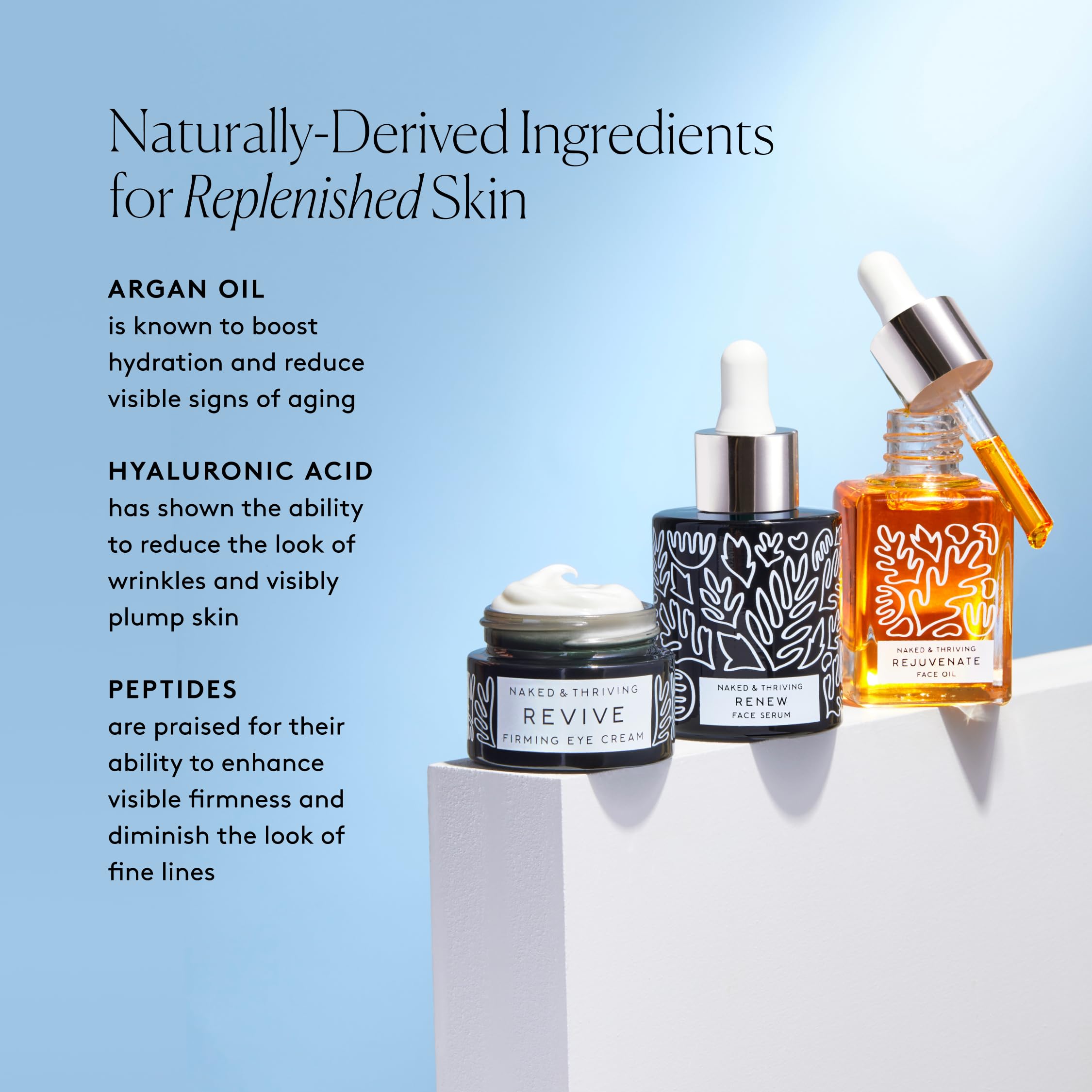 Naked & Thriving Restorative Night Routine Set - Renew Night Serum (30 mL), Revive Eye Cream (15 mL), Rejuvenate Face Oil (35 mL) with Peptides, Squalane, Hyaluronic Acid & Fruit AHAs | Anti-Aging Skincare for Dry, Sensitive Skin | Perfect Nighttime Regimen for Glowing Skin