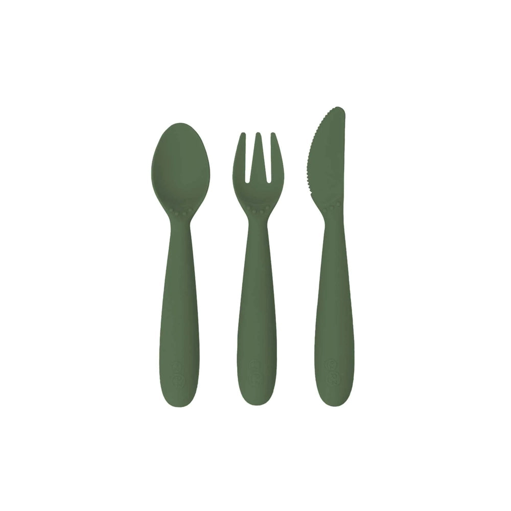 EzPz Happy Utensils in Olive - Toddler-Friendly Silicone Feeding Set for Babies & Kids - Perfect for Mess-Free Meals, Travel & Daycare