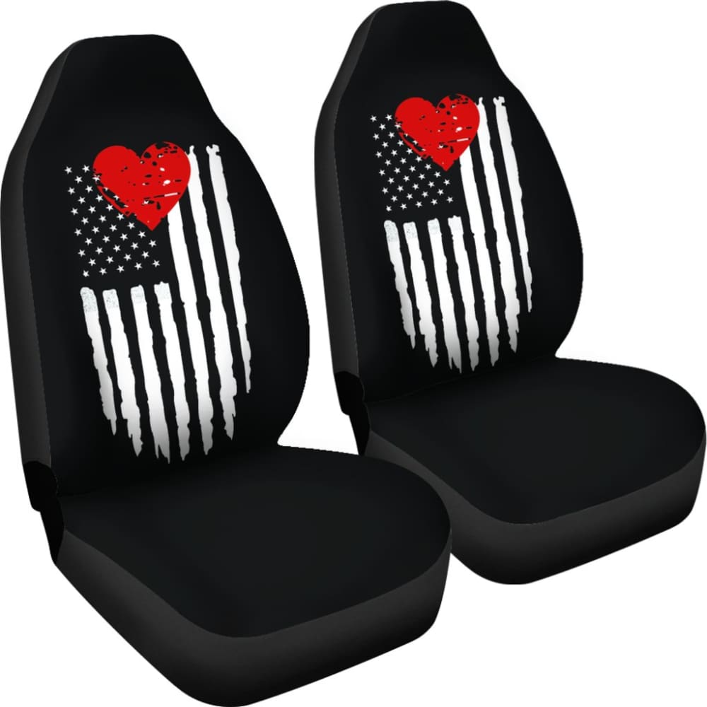 Distressed American Flag with Red Heart Car Seat Covers - Black Universal Fit for Trucks & SUVs - Durable & Stylish Protection for Road Trips & Daily Commutes