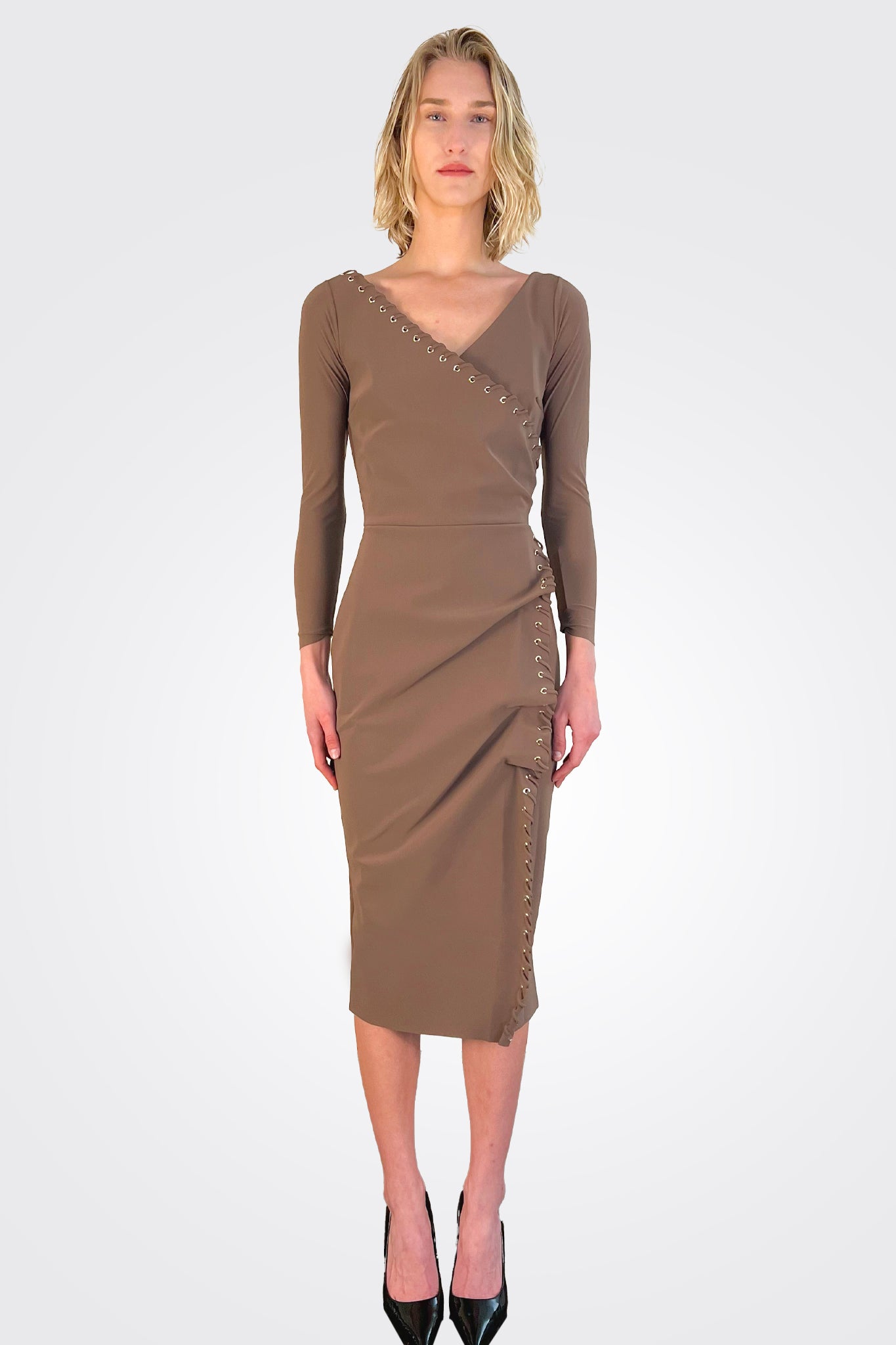 Elegant Elma Long Sleeve Faux Wrap Cocktail Dress in Cafe Au Lait - Perfect for Evening Parties, Date Nights & Special Occasions