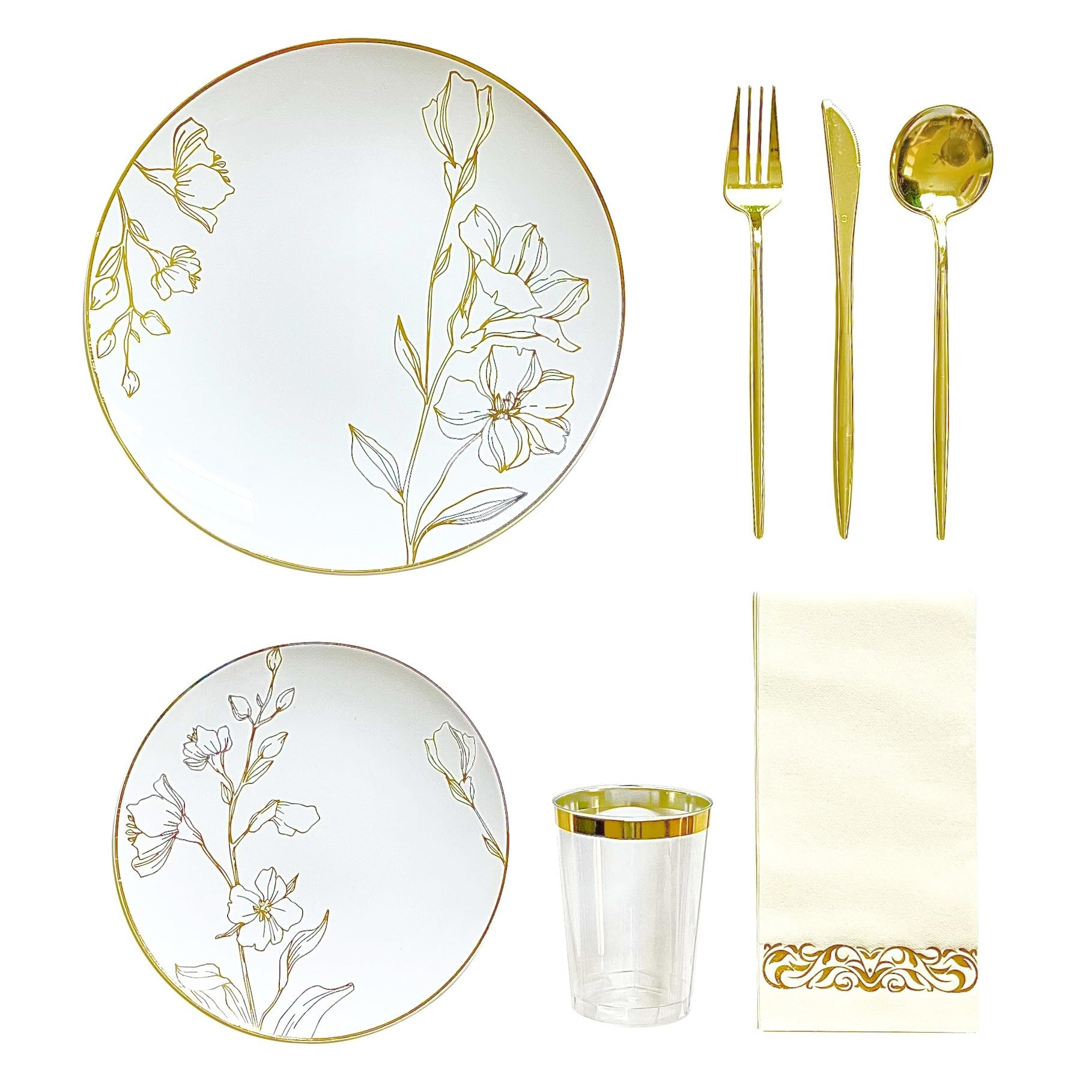 VNSG 175-Piece Gold Plastic Dinnerware Set for 25 Guests - Includes 25 Dinner Plates, Dessert Plates, 10oz Cups, Forks, Spoons, Knives & Napkins - Elegant Disposable Tableware for Parties, Weddings, Events & Catering