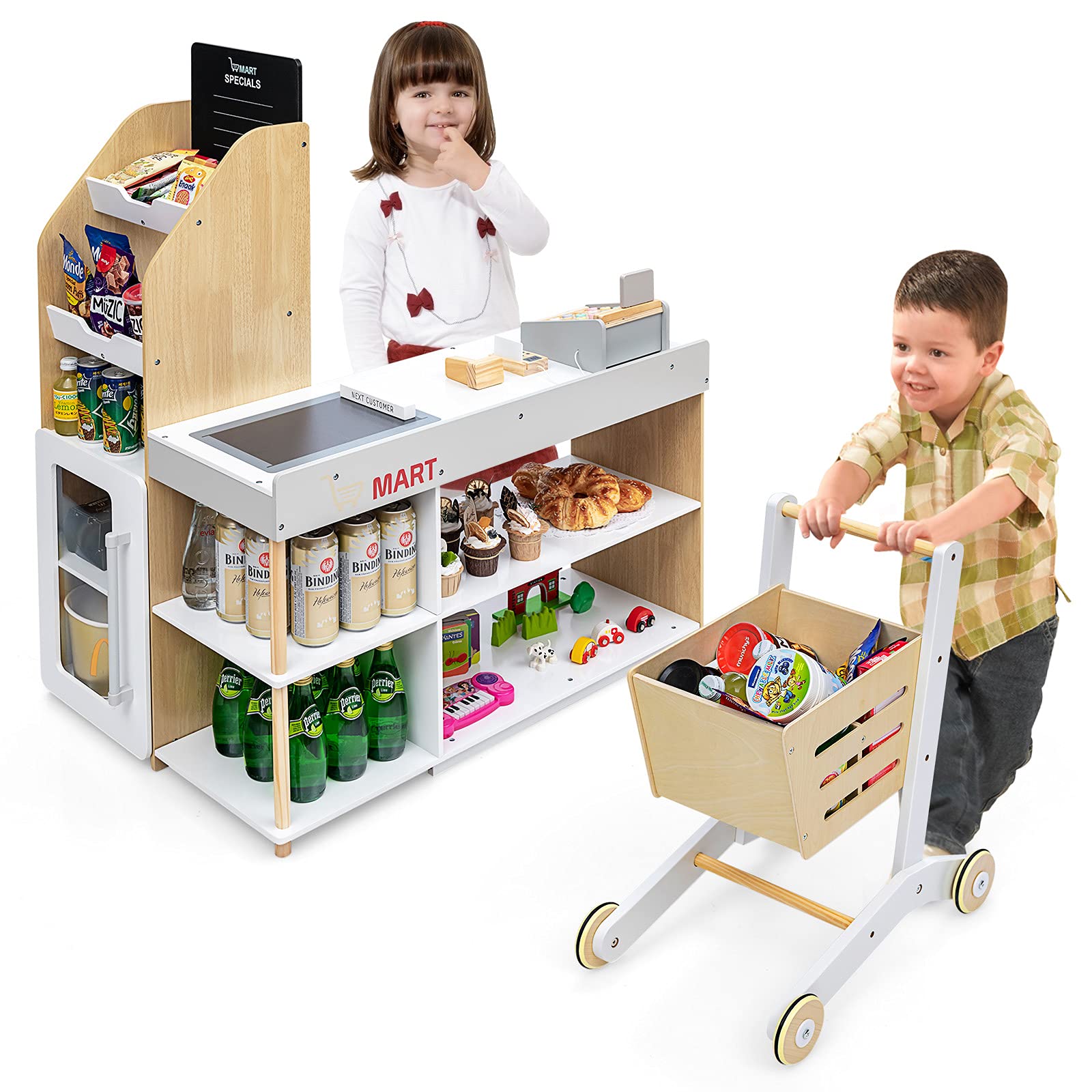 INFANS Kids Wooden Grocery Store Playset - Supermarket Toy Set with Cash Register, Shopping Cart, Blackboard & Wooden Coins | Pretend Play Toy for Toddlers & Preschoolers | Perfect for Role Play, Learning & Social Skills Development