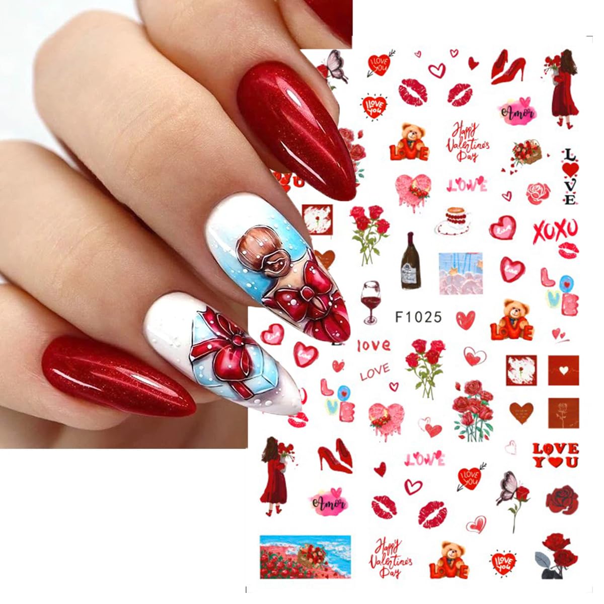 Valentine's Day 3D Heart Nail Stickers - 8 Sheets Self-Adhesive Nail Art Decals with Red Pink Rose & Sexy Lips Design for DIY Manicure | Perfect for Women's Nail Decoration, Date Night, Bridal Shower & Party Nails
