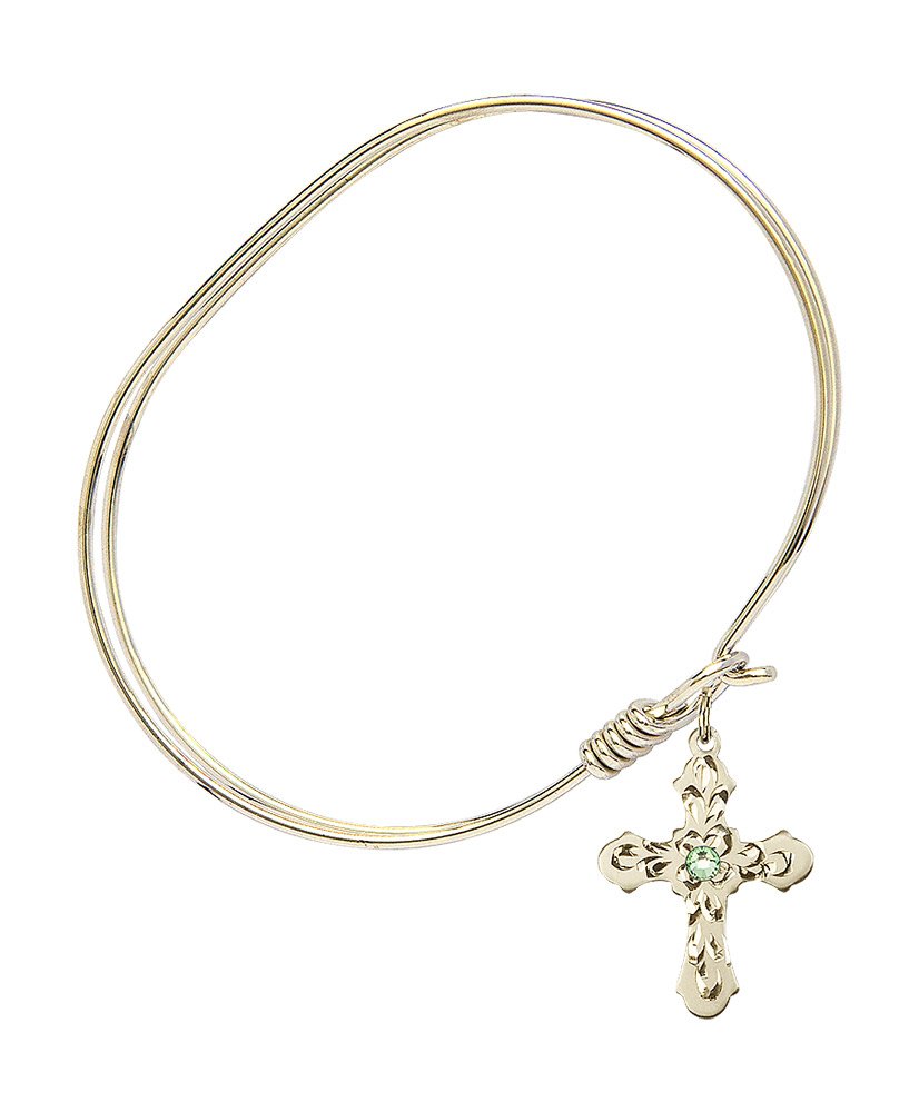 7 Inch Oval Eye Hook Bangle Bracelet with Cross Medal Charm and August Green Crystal - Elegant Jewelry for Women, Perfect for Daily Wear, Parties, and Gifts
