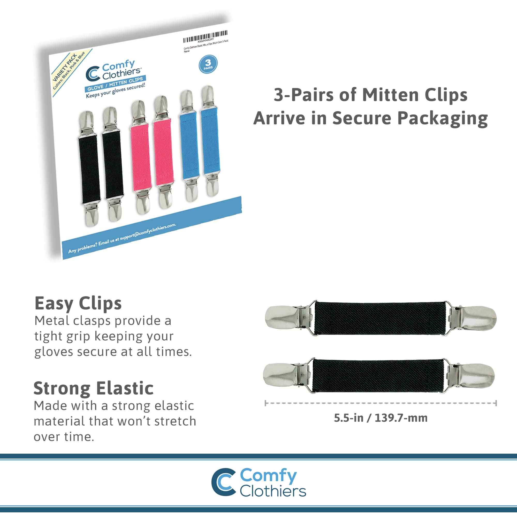 Elastic Glove Clips for Kids & Adults - Secure Steel Grip (3 Colors) for Winter Sports