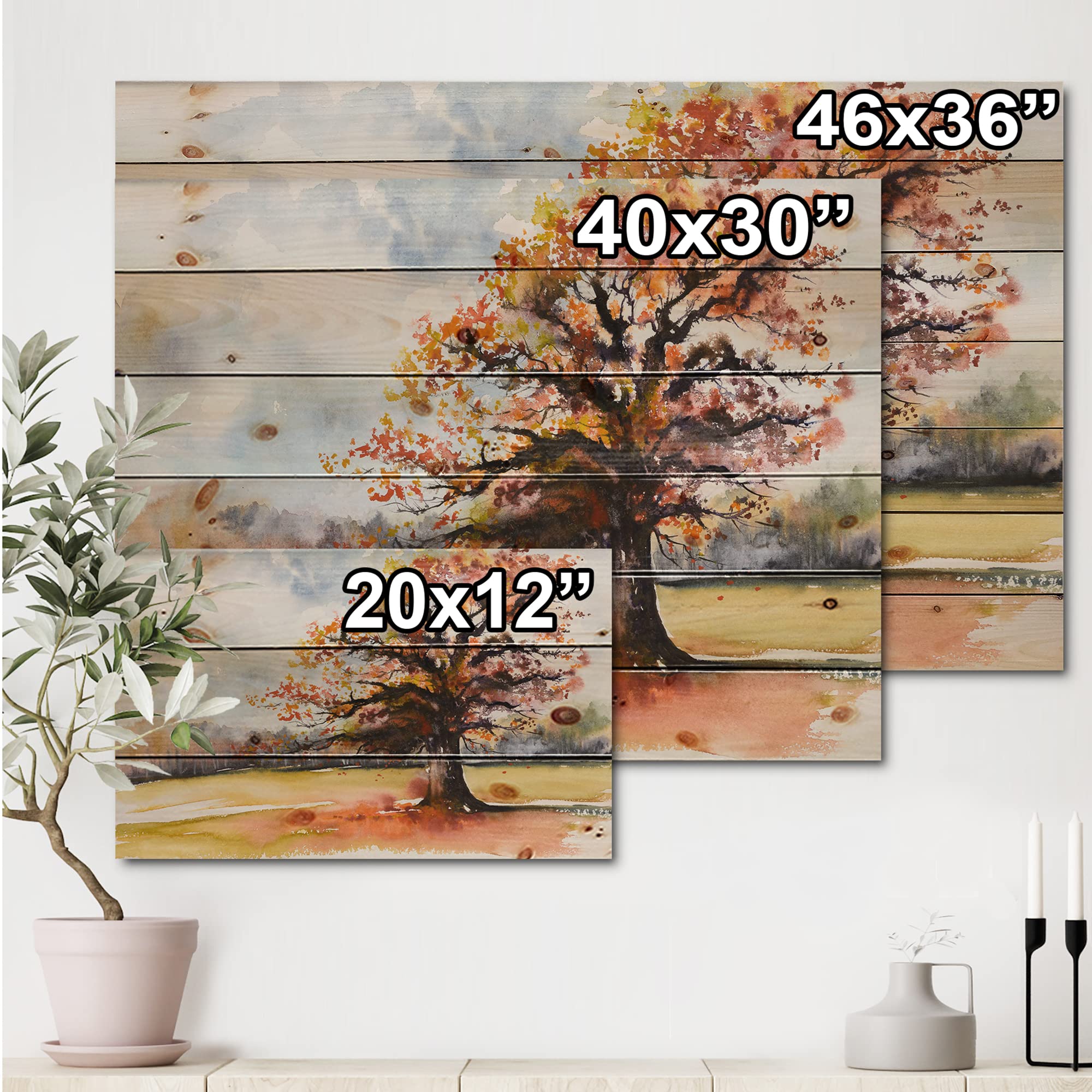 Lone Oak in the Fields with Autumn Leaves - Traditional Wood Wall Art Decor, Orange Landscape Wood Panel, Large Pine Wood Wall Hanging for Living Room, Bedroom & Office Decor