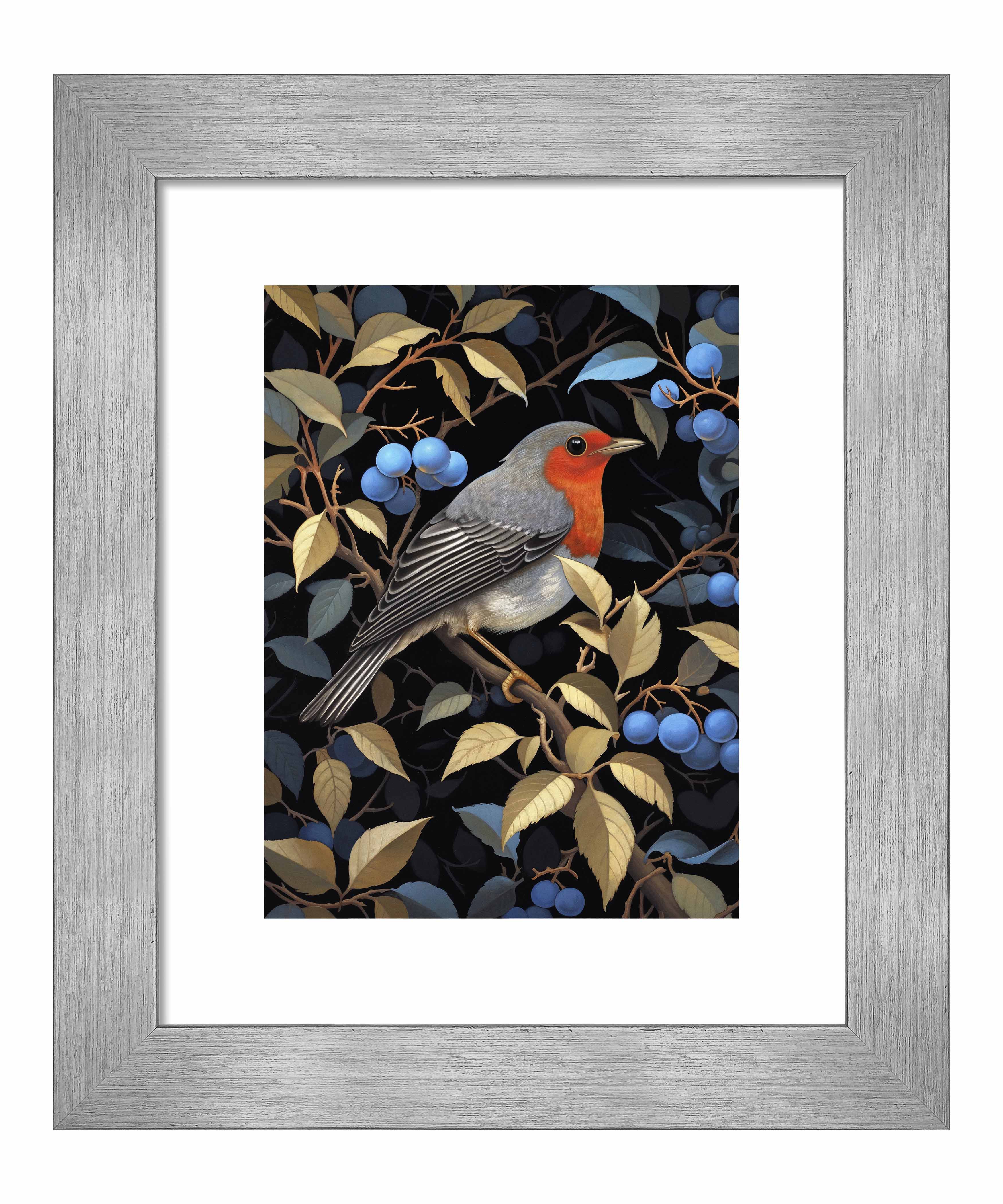 Crimson Song Robin Among Blueberries Wall Art Print - Beautiful Bird Painting for Home Decor, Living Room, Bedroom & Office