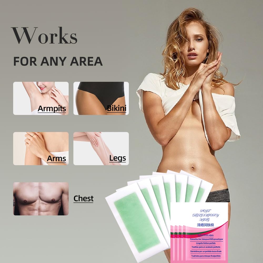 Professional Hair Removal Wax Strips for Bikini, Brazilian, Arms, Legs, Chest & Back - Home Waxing Kit for Women & Men with 40 Wax Strips & 6 Body Wipes (Green) - Perfect for At-Home Spa Days & Smooth Skin Care Routine