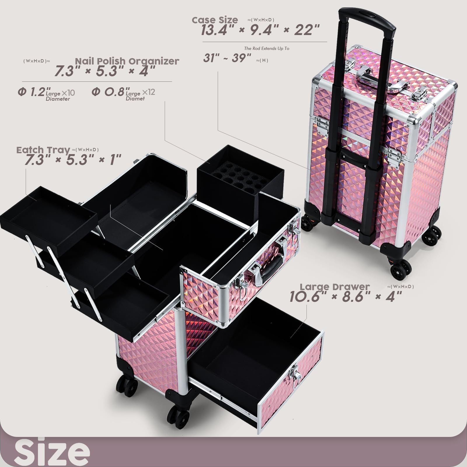 Professional Rolling Makeup Case with Sliding Drawers - Portable Cosmetic Trolley for Estheticians, Mobile Stylists & Manicurists - Glitter Pink Travel Beauty Organizer for Salon, Home & On-the-Go Use
