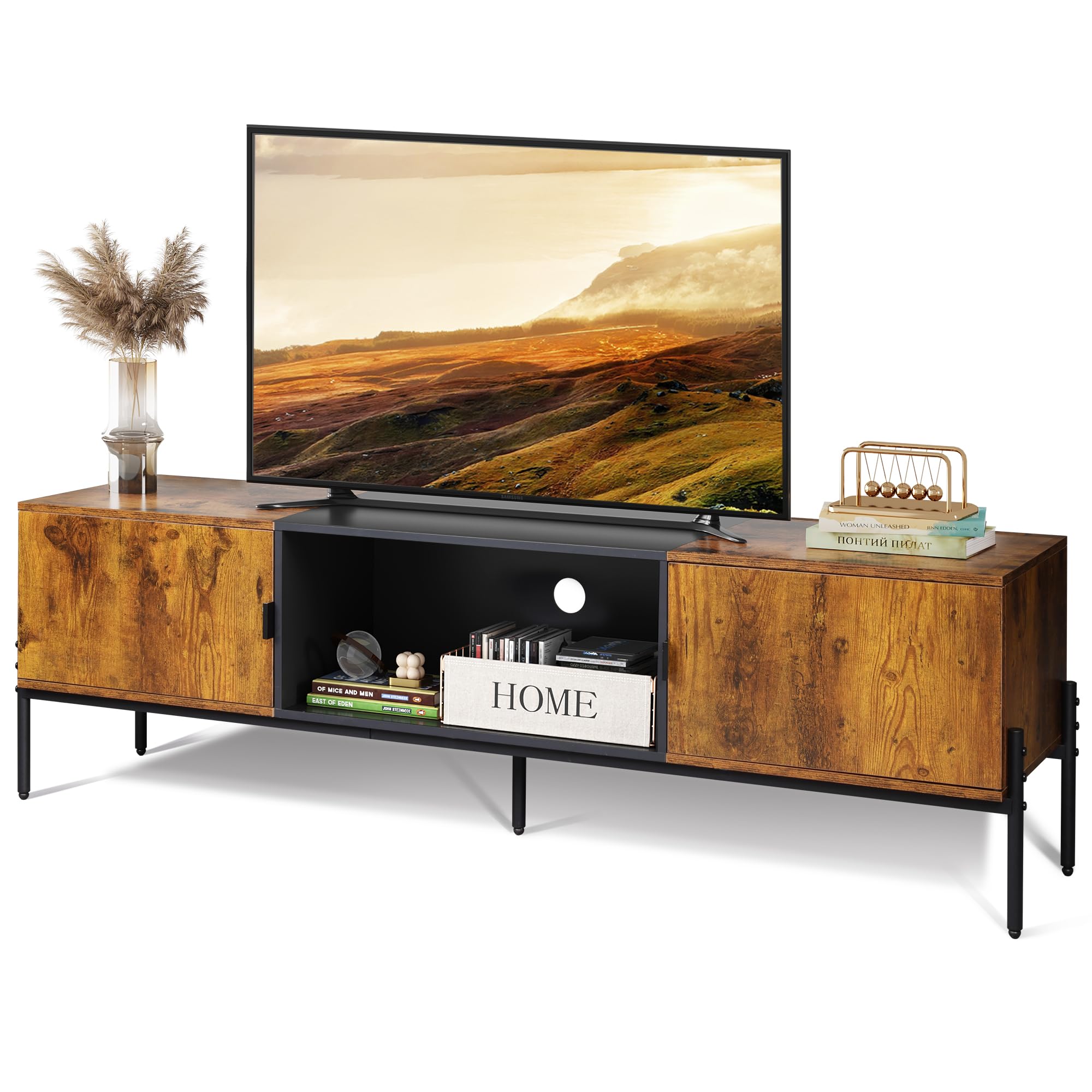 WLIVE 65 Inch Modern TV Stand - Mid Century Entertainment Center with Storage, Open Shelf & 2 Cabinets - Rustic Brown TV Console with Metal Legs for Living Room & Bedroom - Perfect for Home Theater Setup & Media Organization