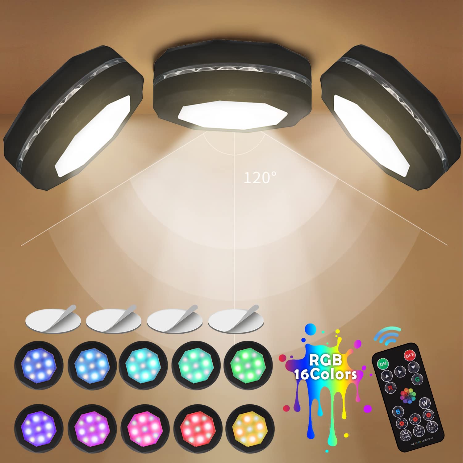 Remote Control Puck Lights - Battery Operated LED Push Lights with 80 Lumens Soft White & 15 Colors, 4 Dynamic Modes, Dimmable, Timer Function - Ideal for Cabinets, Closets, Under Counter Lighting (3 Pack)