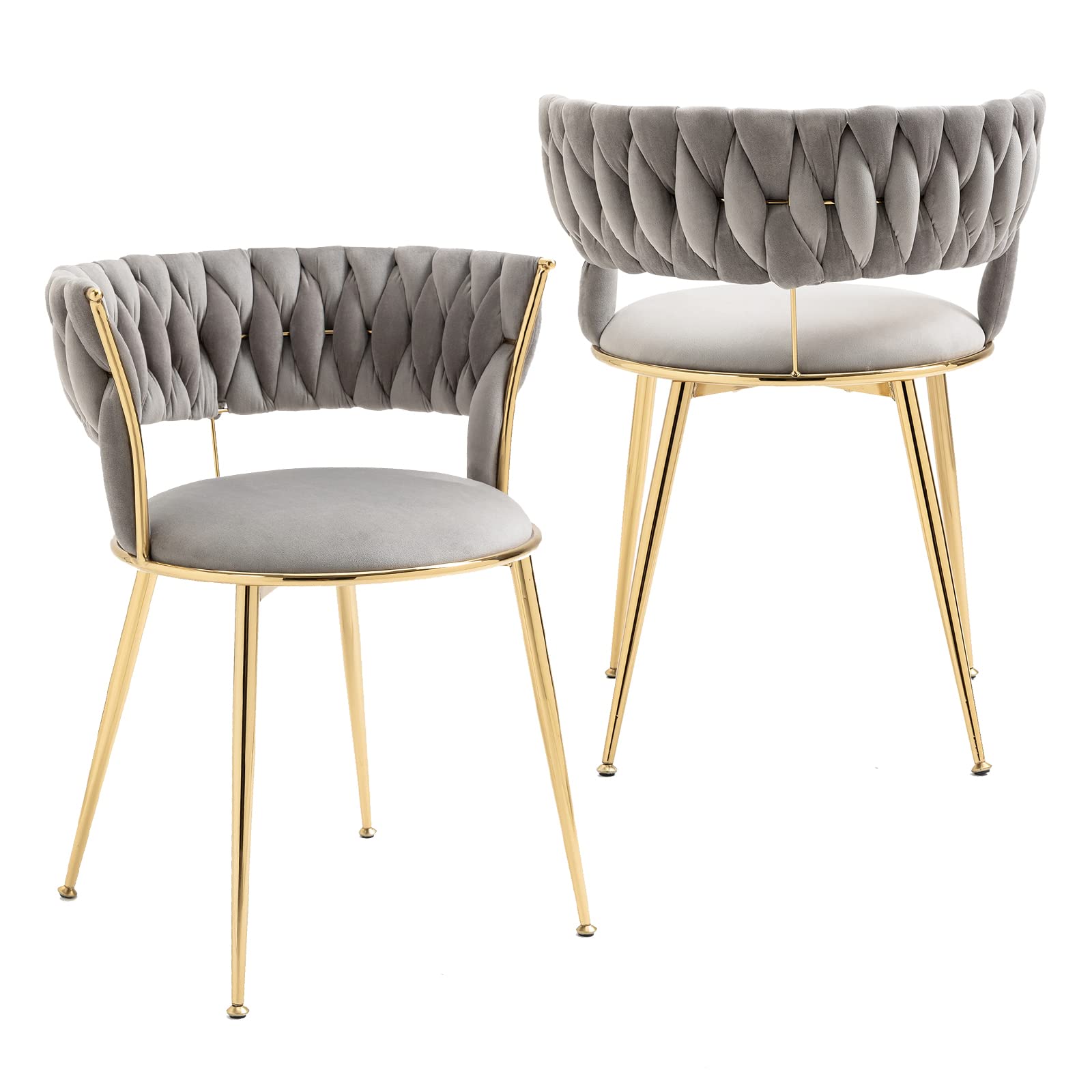 NIOIIKIT Modern Velvet Dining Chairs Set of 2 - Handwoven Upholstered Accent Chairs with Golden Metal Legs for Living Room, Kitchen, Dining Room & Vanity - Grey (Perfect for Home Decor, Dinner Parties & Cozy Seating)