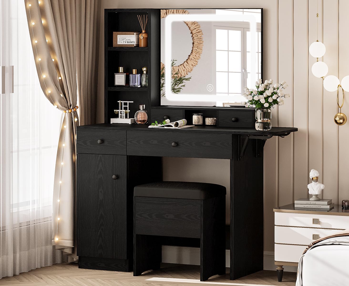 LIKIMIO Vanity Desk Set with LED Lighted Mirror, 3 Drawers & Power Outlet - Modern Black Makeup Dressing Table with Storage Stool - Perfect for Bedroom, Dorm Room & Beauty Salon Organization
