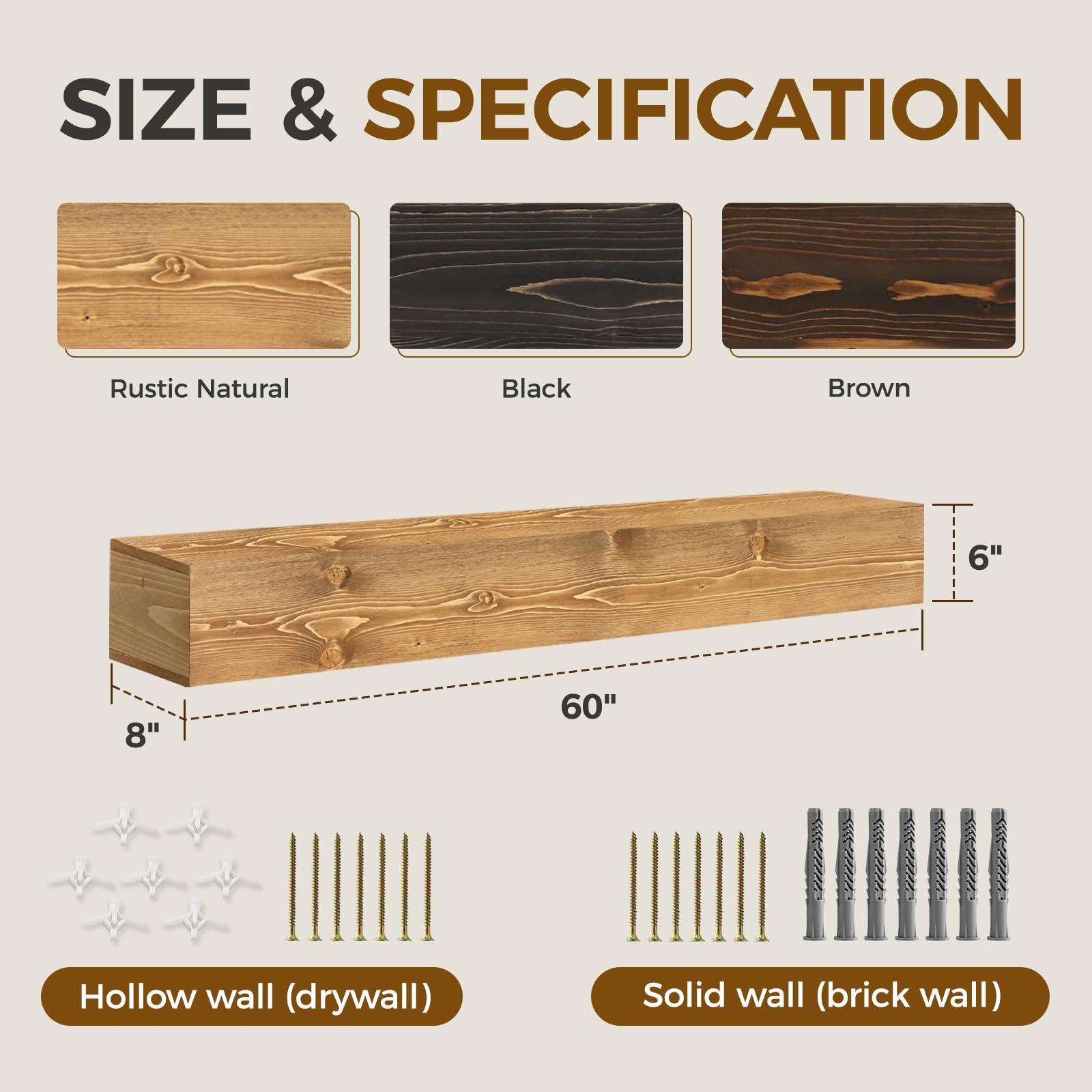Handmade 60-Inch Rustic Wood Floating Shelf - 6